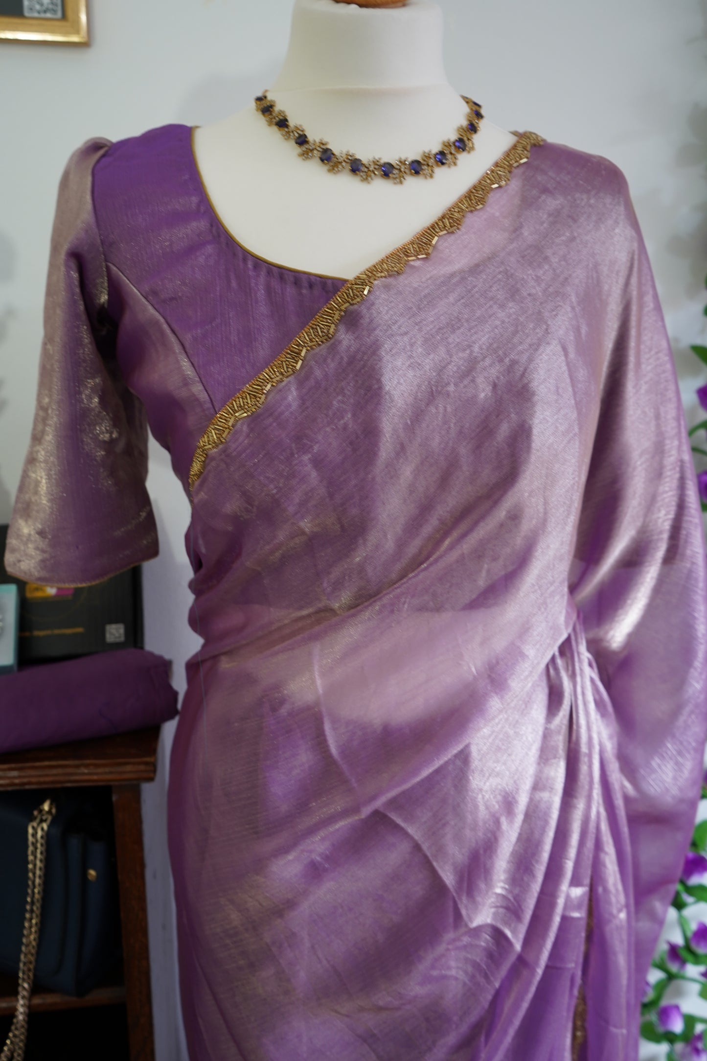 Shimmery Chiffon with beads work gold lace border with stitched blouse - Lavender