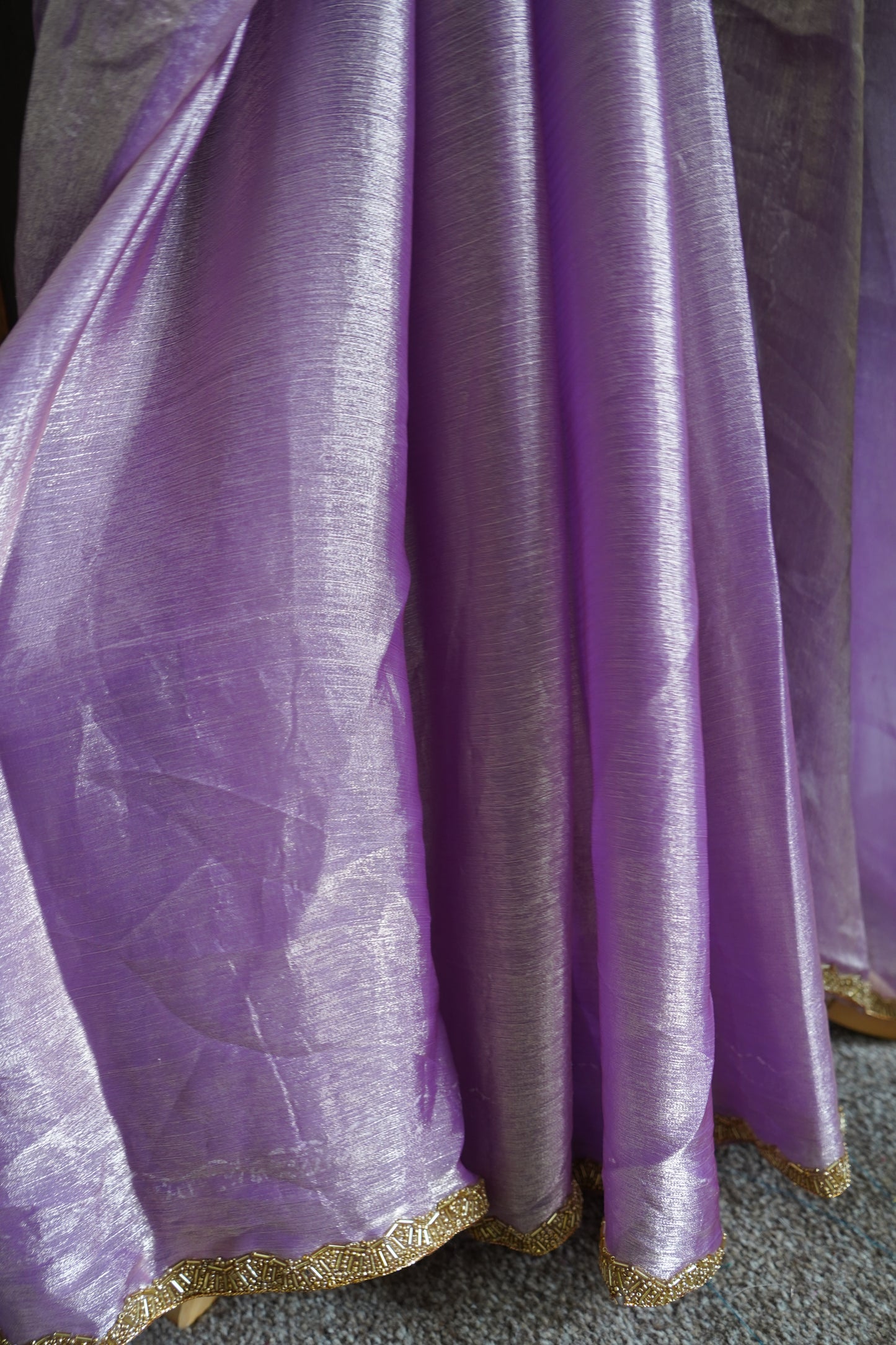 Shimmery Chiffon with beads work gold lace border with stitched blouse - Lavender