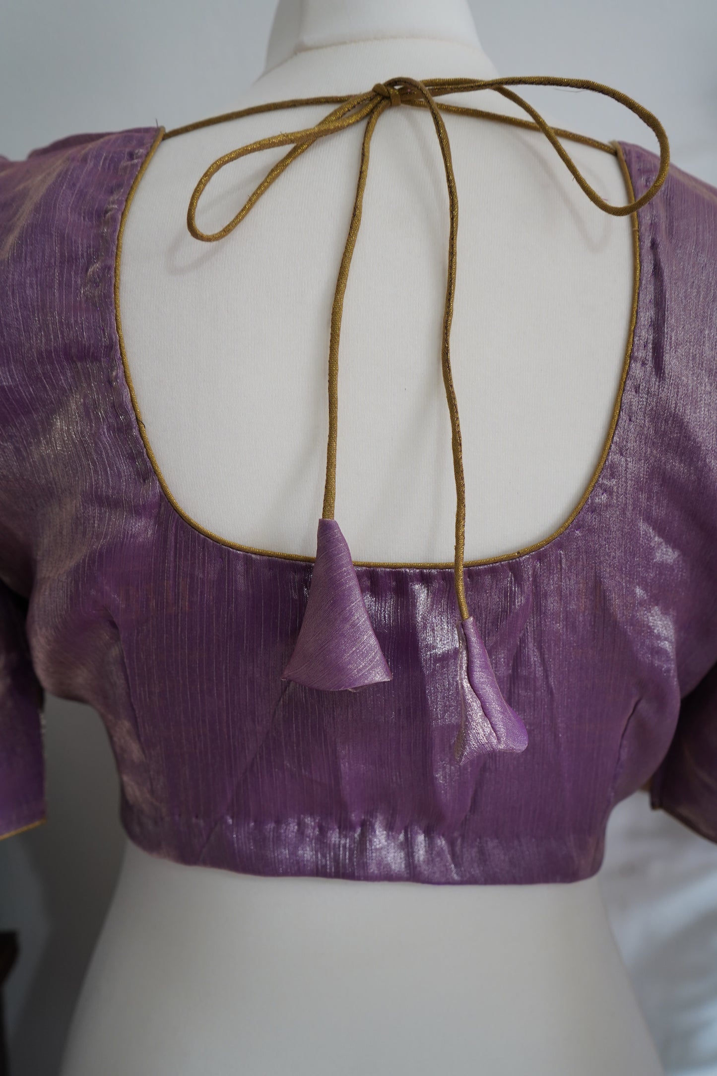 Shimmery Chiffon with beads work gold lace border with stitched blouse - Lavender