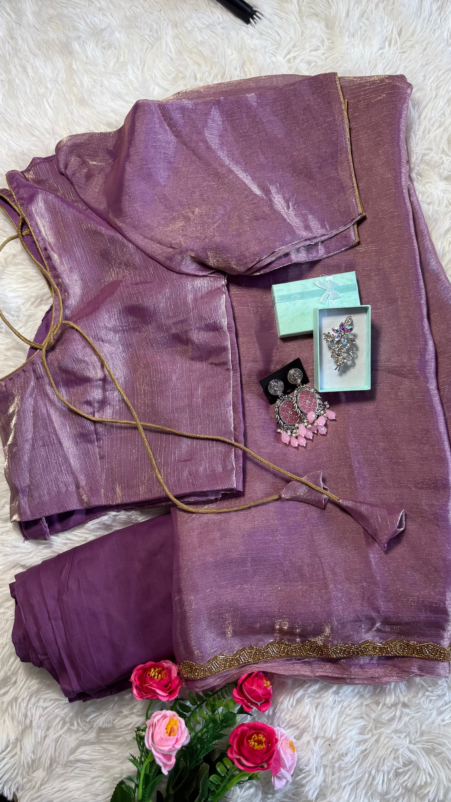 Shimmery Chiffon with beads work gold lace border with stitched blouse - Lavender