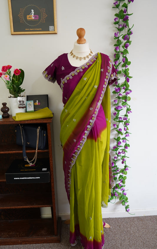 Georgette dual shade cut work border detailing with stitched blouse - Green & Purple