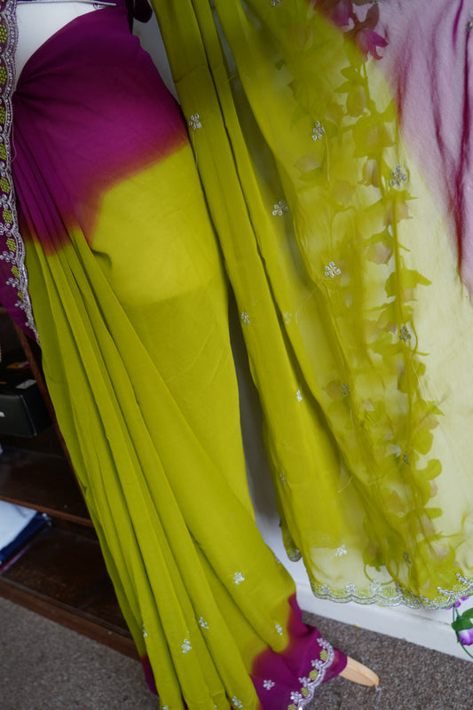 Georgette dual shade cut work border detailing with stitched blouse - Green & Purple
