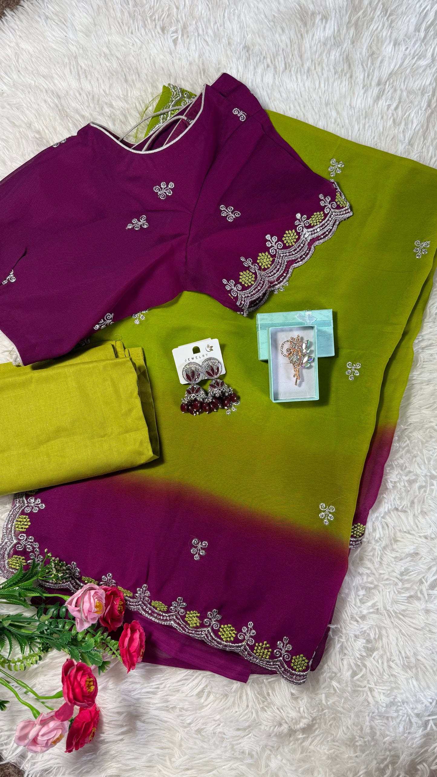 Georgette dual shade cut work border detailing with stitched blouse - Green & Purple
