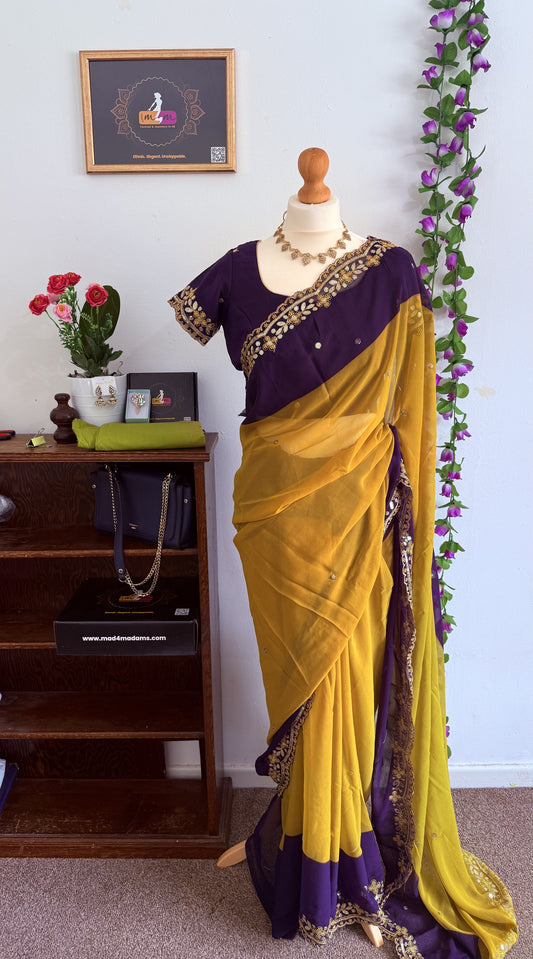 Georgette Dual Shade Cut Work Border with Stitched Blouse – Yellow & deep plum-purple