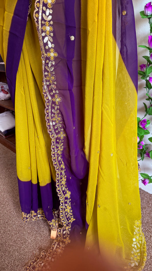 Georgette Dual Shade Cut Work Border with Stitched Blouse – Yellow & deep plum-purple
