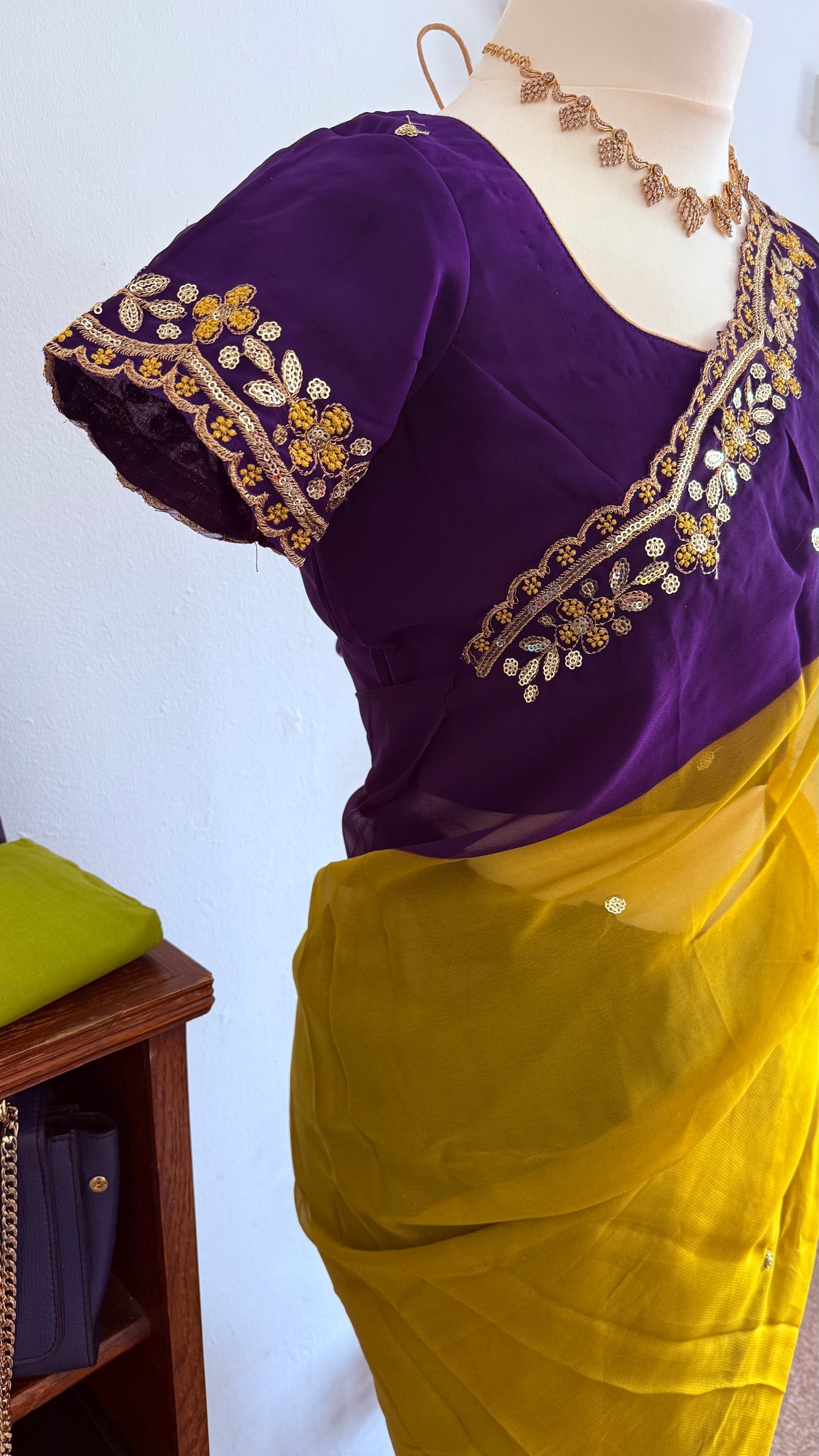 Georgette Dual Shade Cut Work Border with Stitched Blouse – Yellow & deep plum-purple