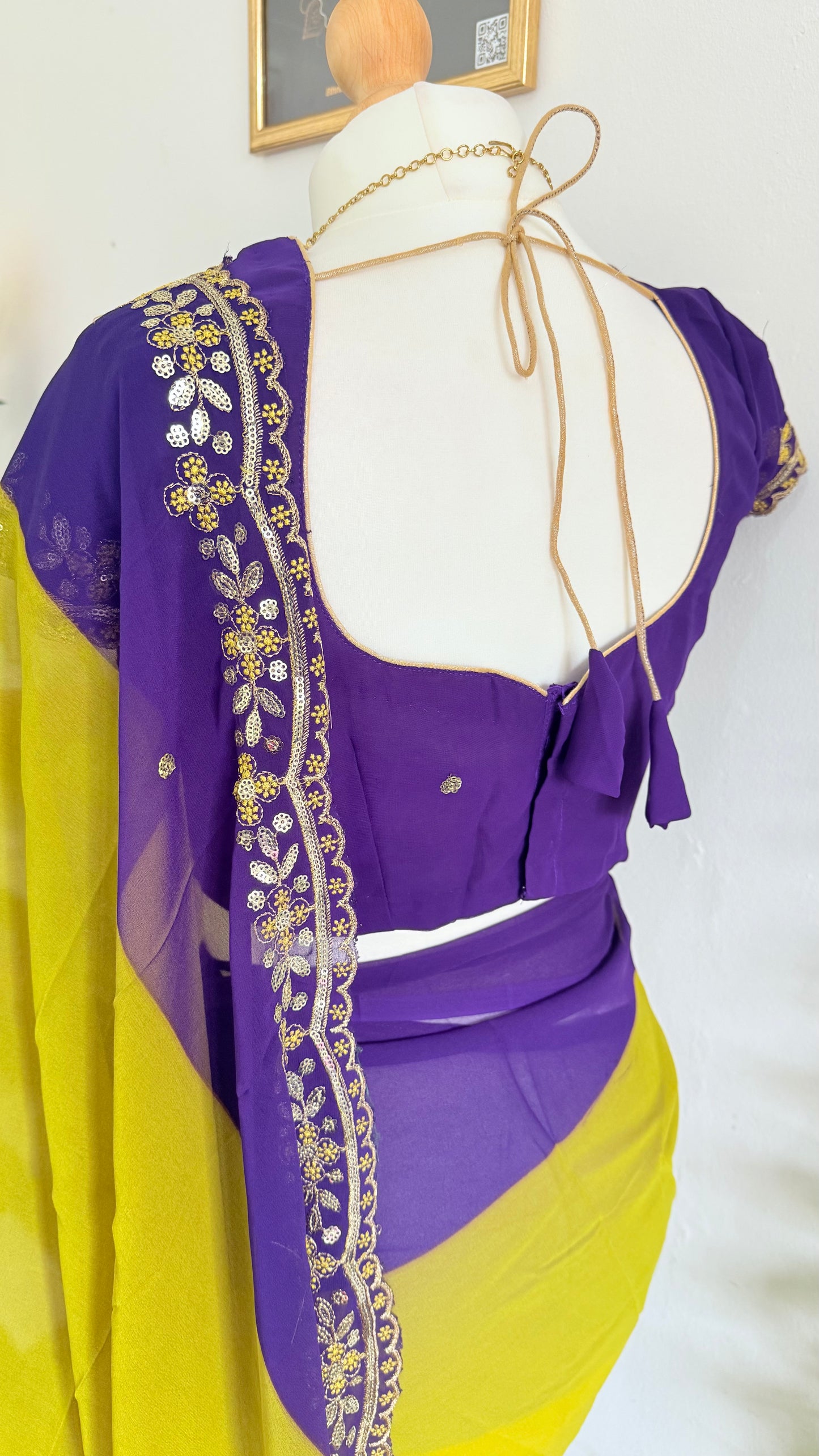 Georgette Dual Shade Cut Work Border with Stitched Blouse – Yellow & deep plum-purple