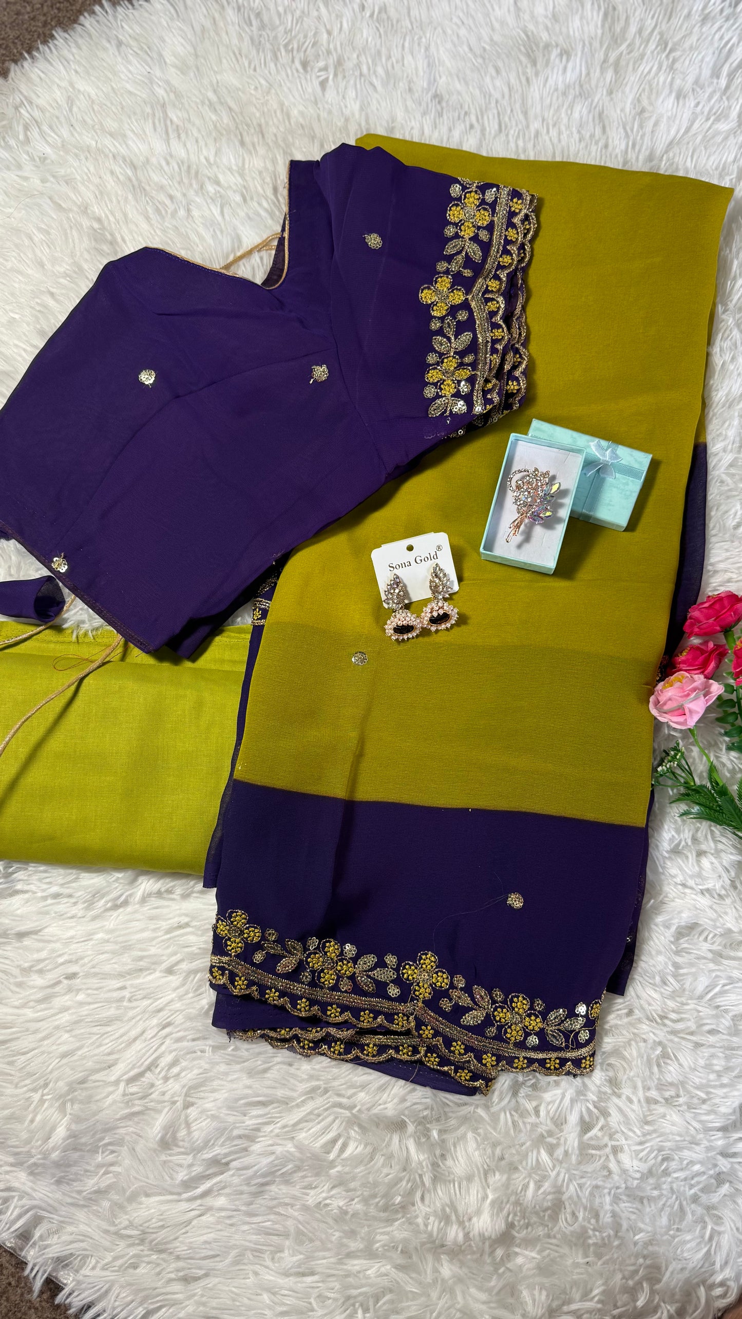 Georgette Dual Shade Cut Work Border with Stitched Blouse – Yellow & deep plum-purple