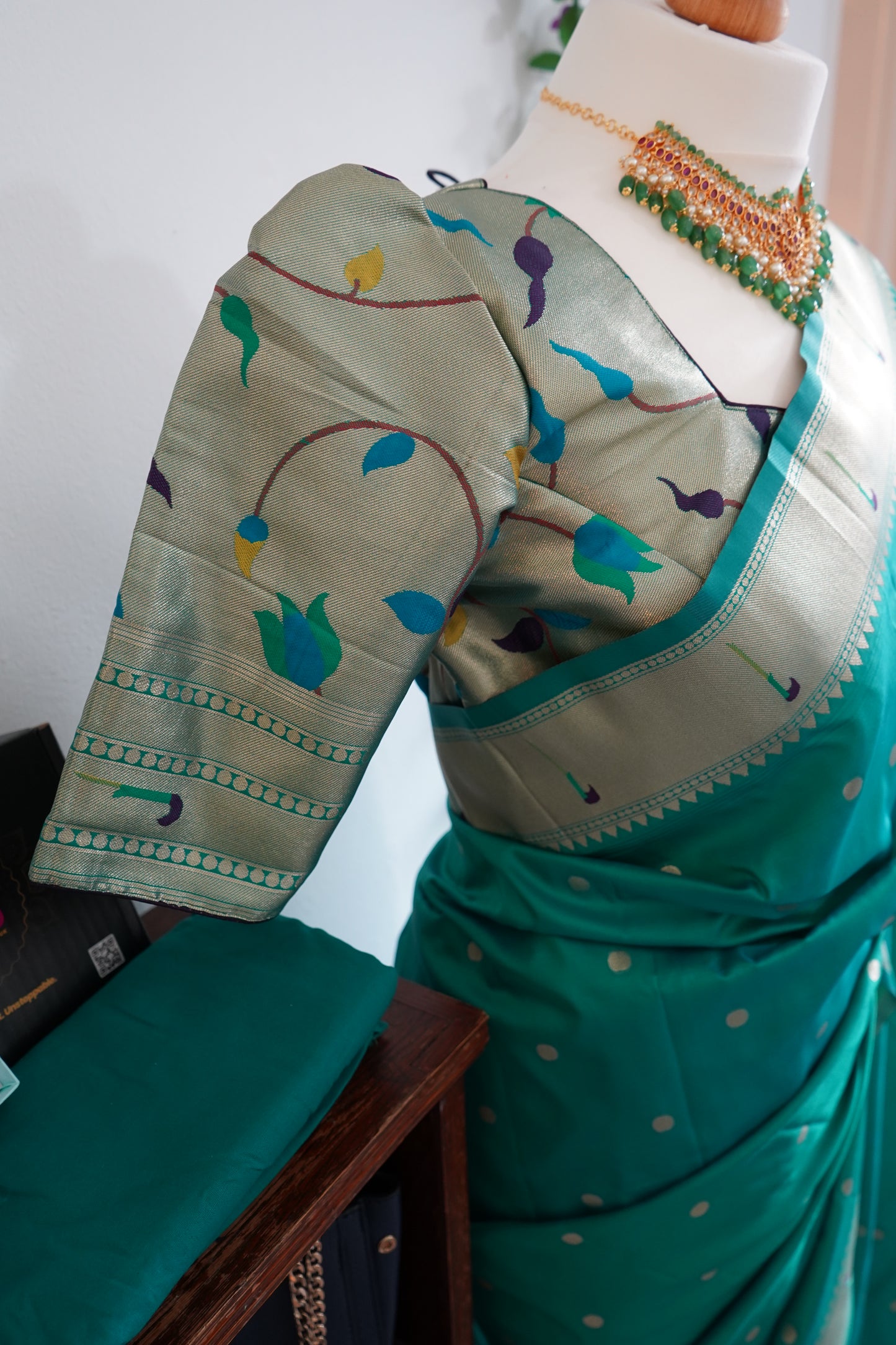 Meena weaving paithani silk with dollar buttis, woven floral pallu saree with stitched blouse – Sea Green