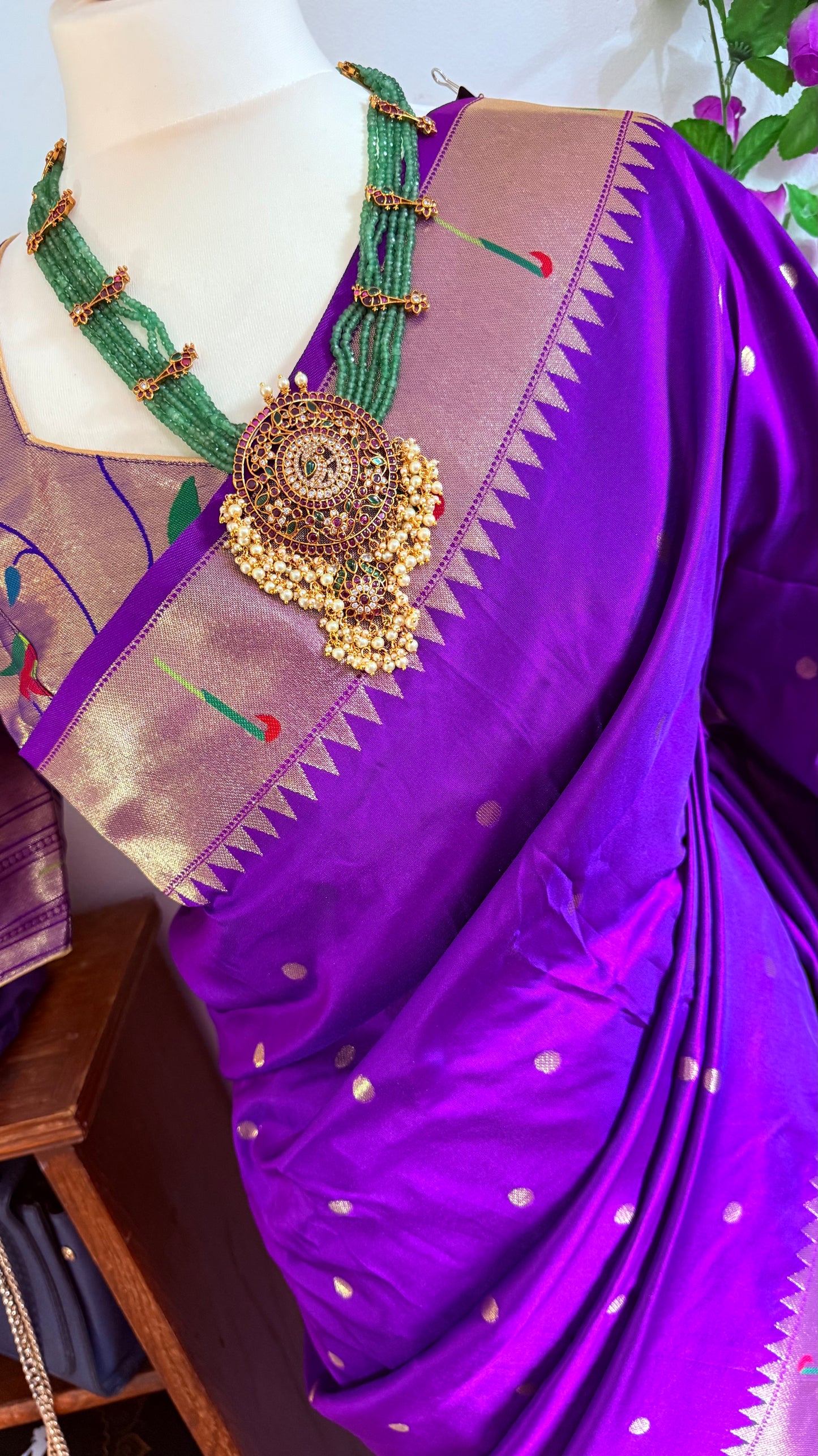 Meena weaving paithani silk with dollar buttis, woven floral pallu saree with stitched blouse – Purple