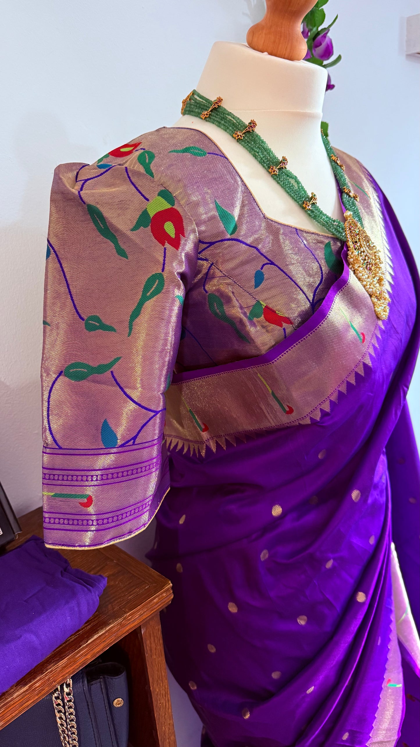 Meena weaving paithani silk with dollar buttis, woven floral pallu saree with stitched blouse – Purple