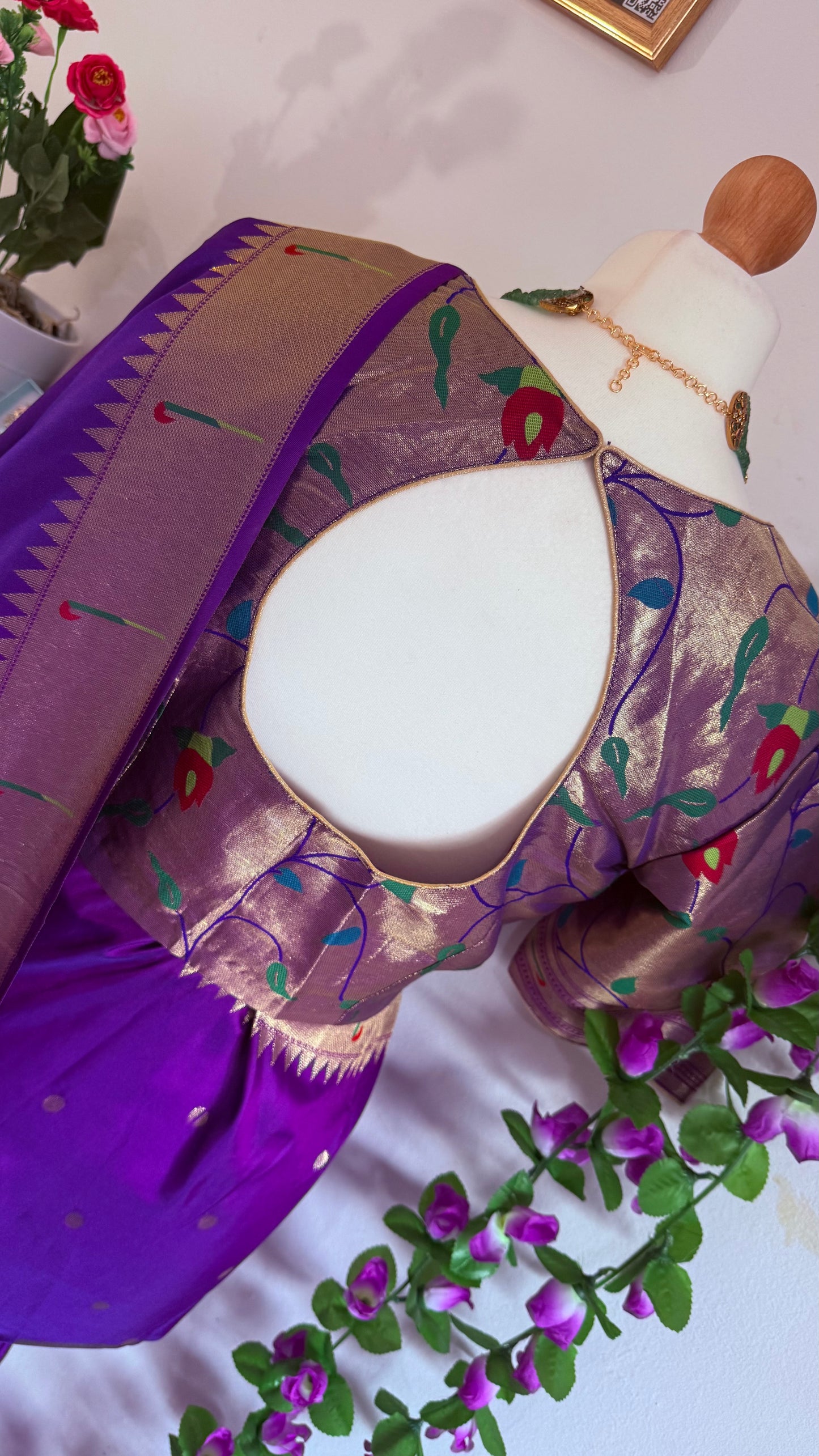 Meena weaving paithani silk with dollar buttis, woven floral pallu saree with stitched blouse – Purple