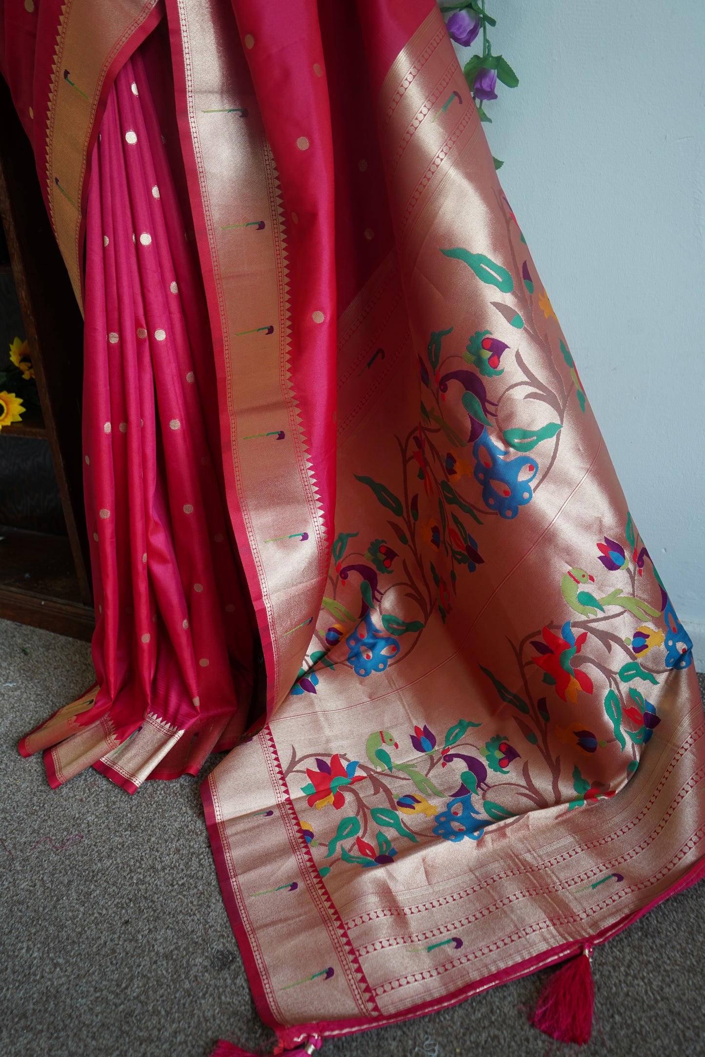 Meena weaving paithani silk with dollar buttis, woven floral pallu saree with stitched blouse – Rani Pink