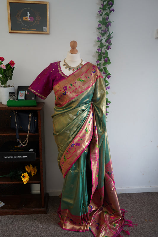 Tissue paithani silk saree with golden weave with stitched rich contrast blouse - Green & Magenta