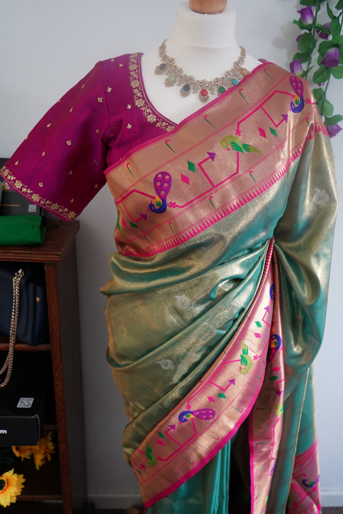 Tissue paithani silk saree with golden weave with stitched rich contrast blouse - Green & Magenta