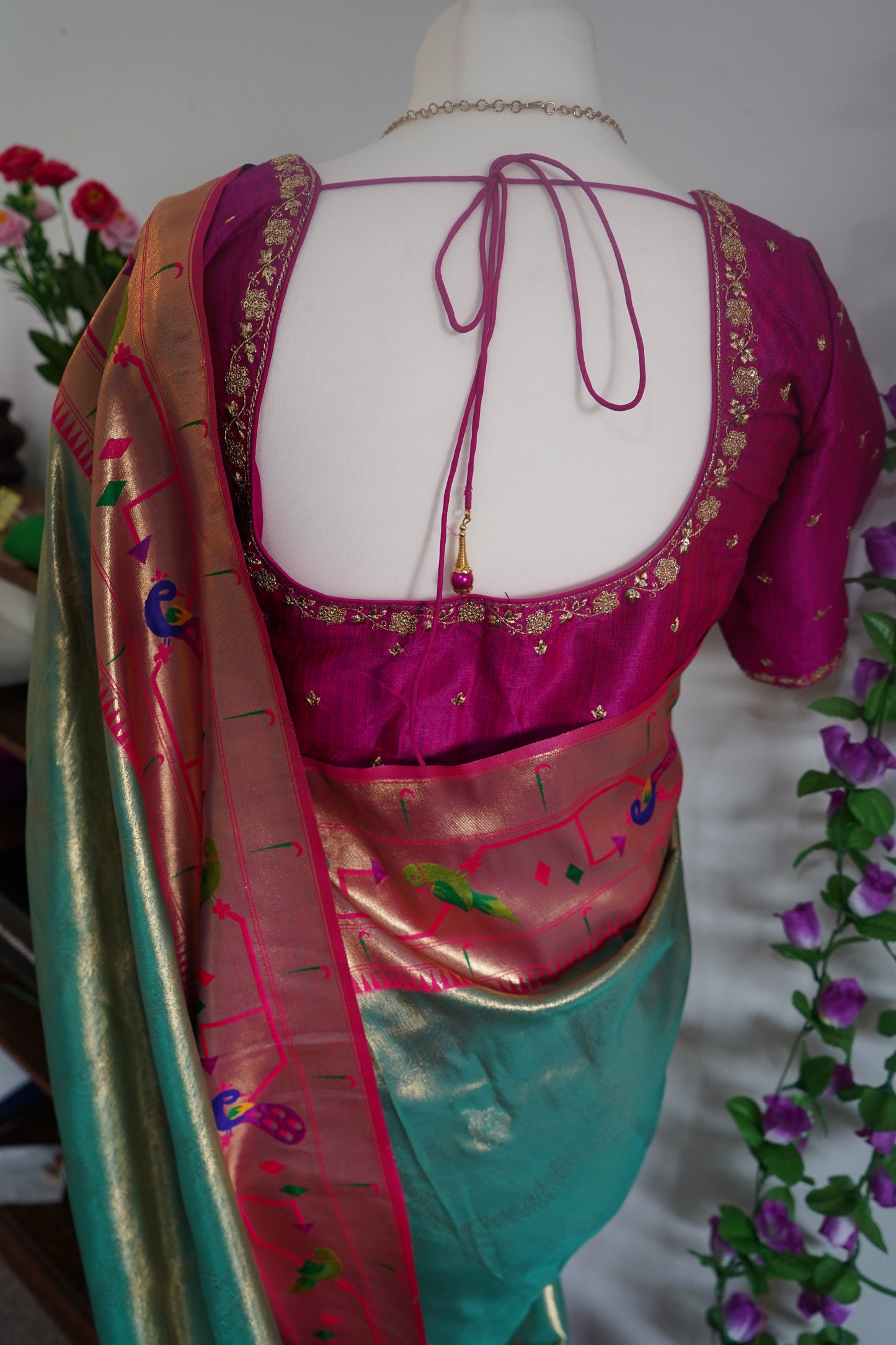 Tissue paithani silk saree with golden weave with stitched rich contrast blouse - Green & Magenta