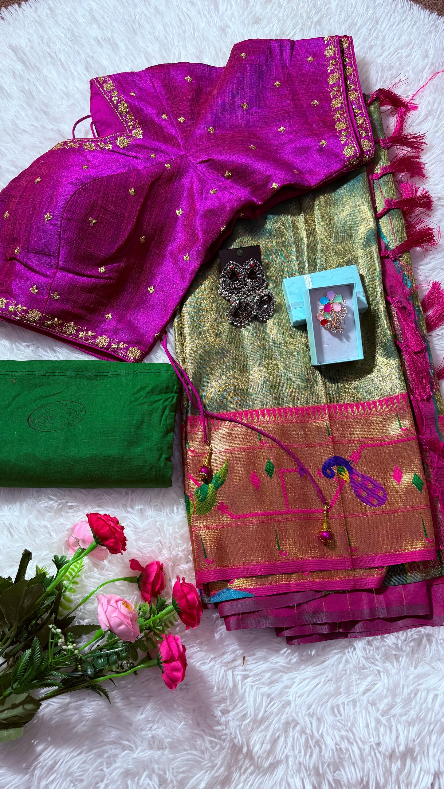 Tissue paithani silk saree with golden weave with stitched rich contrast blouse - Green & Magenta