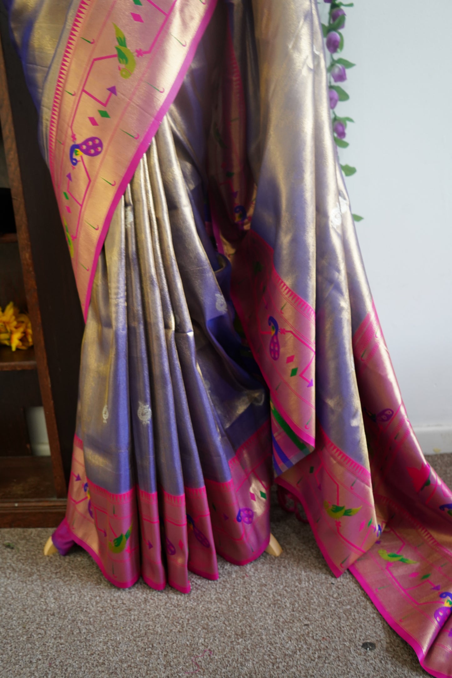 Tissue paithani silk saree with stitched rich contrast blouse - Lavender & Pink