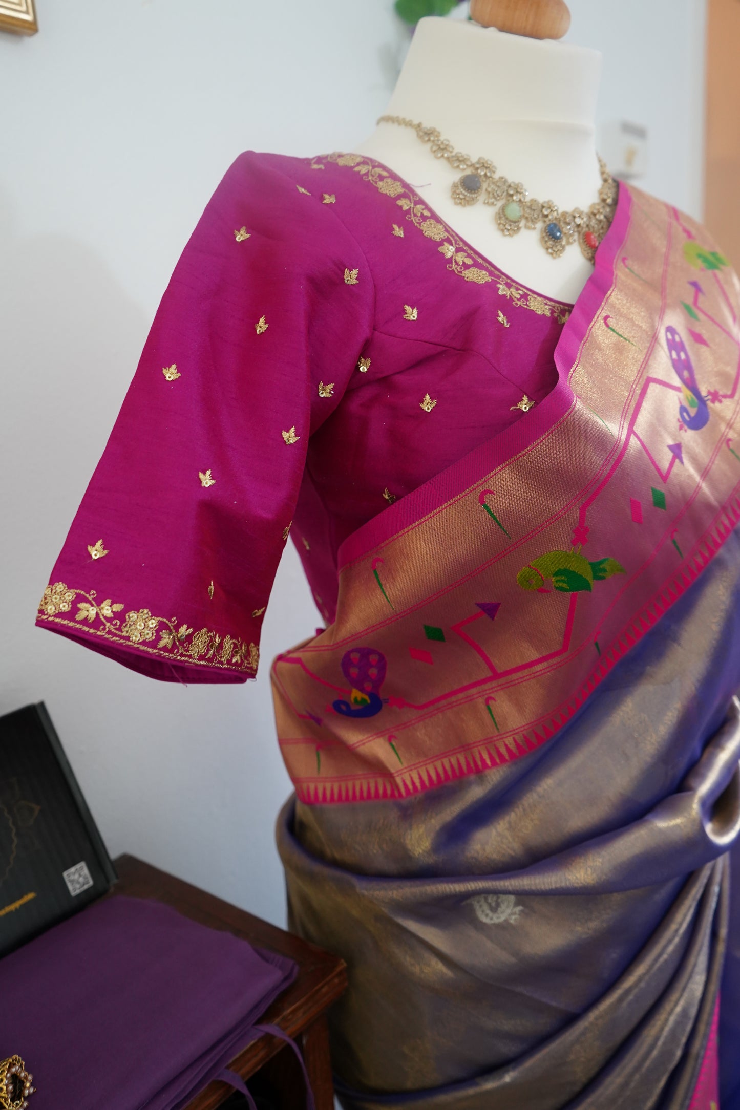 Tissue paithani silk saree with stitched rich contrast blouse - Lavender & Pink