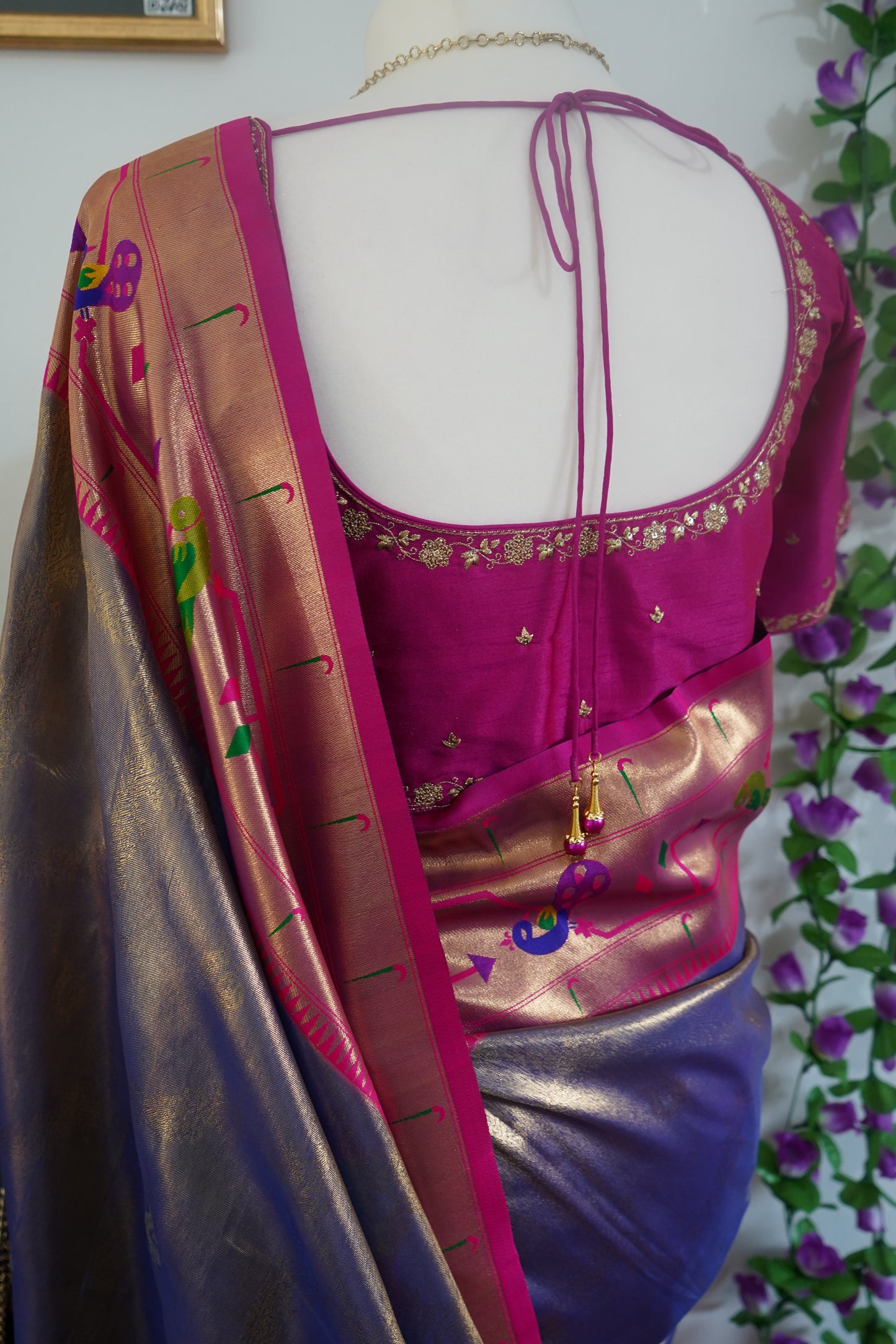 Tissue paithani silk saree with stitched rich contrast blouse - Lavender & Pink
