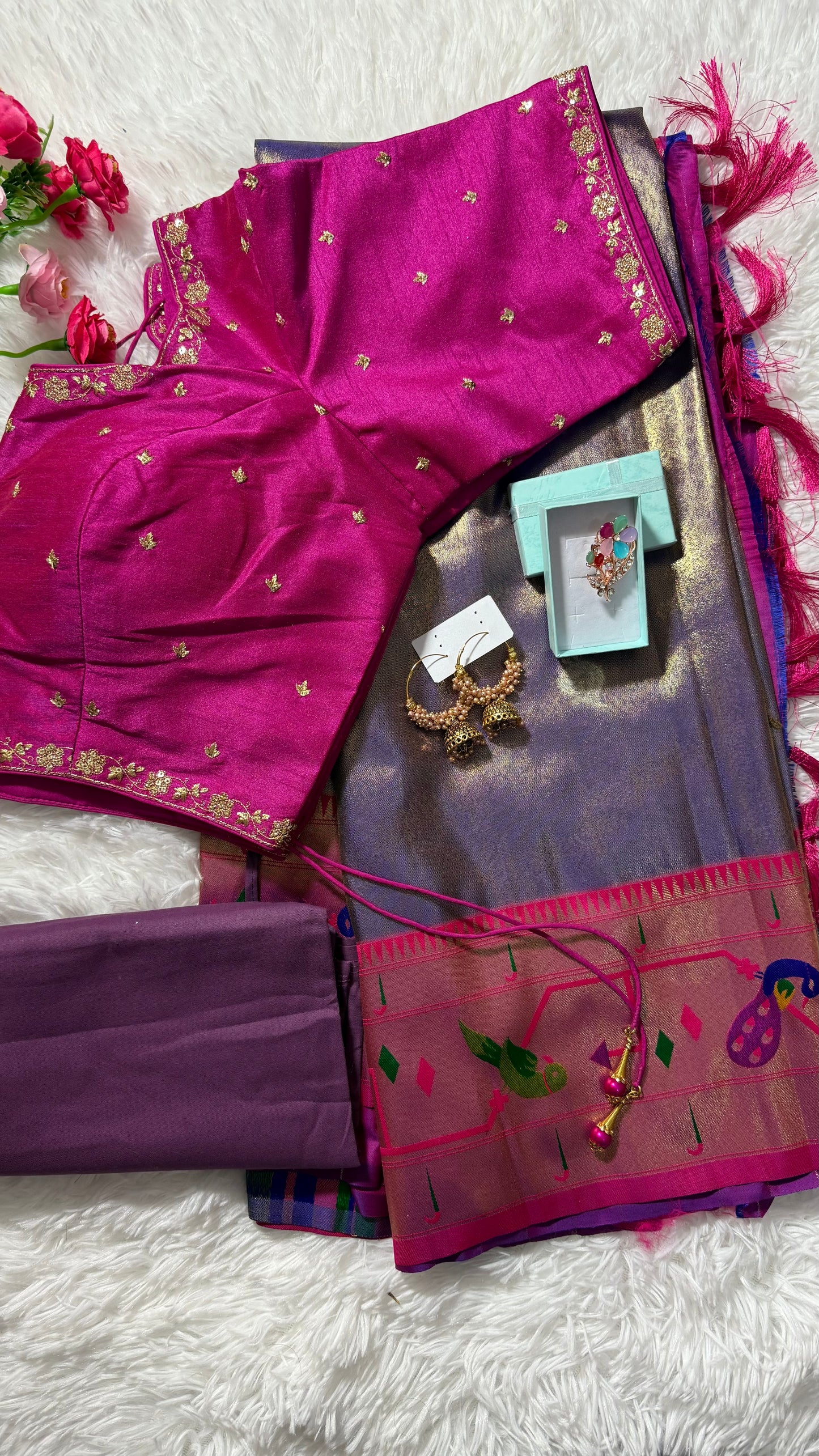 Tissue paithani silk saree with stitched rich contrast blouse - Lavender & Pink