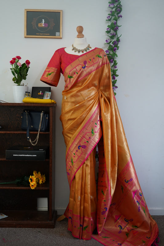 Tissue paithani silk saree with golden weave with stitched rich contrast blouse - Yellow & Pink