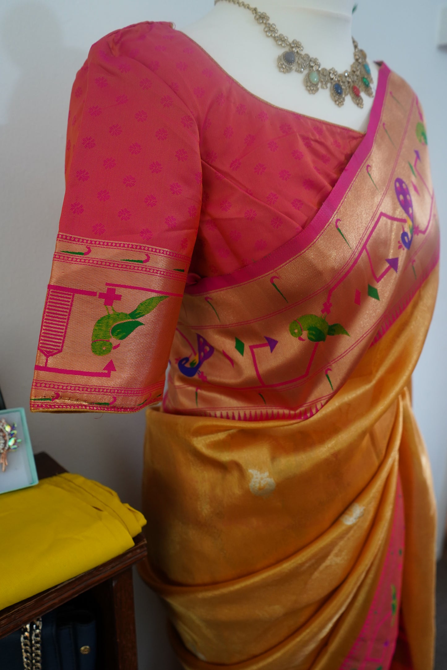 Tissue paithani silk saree with golden weave with stitched rich contrast blouse - Yellow & Pink