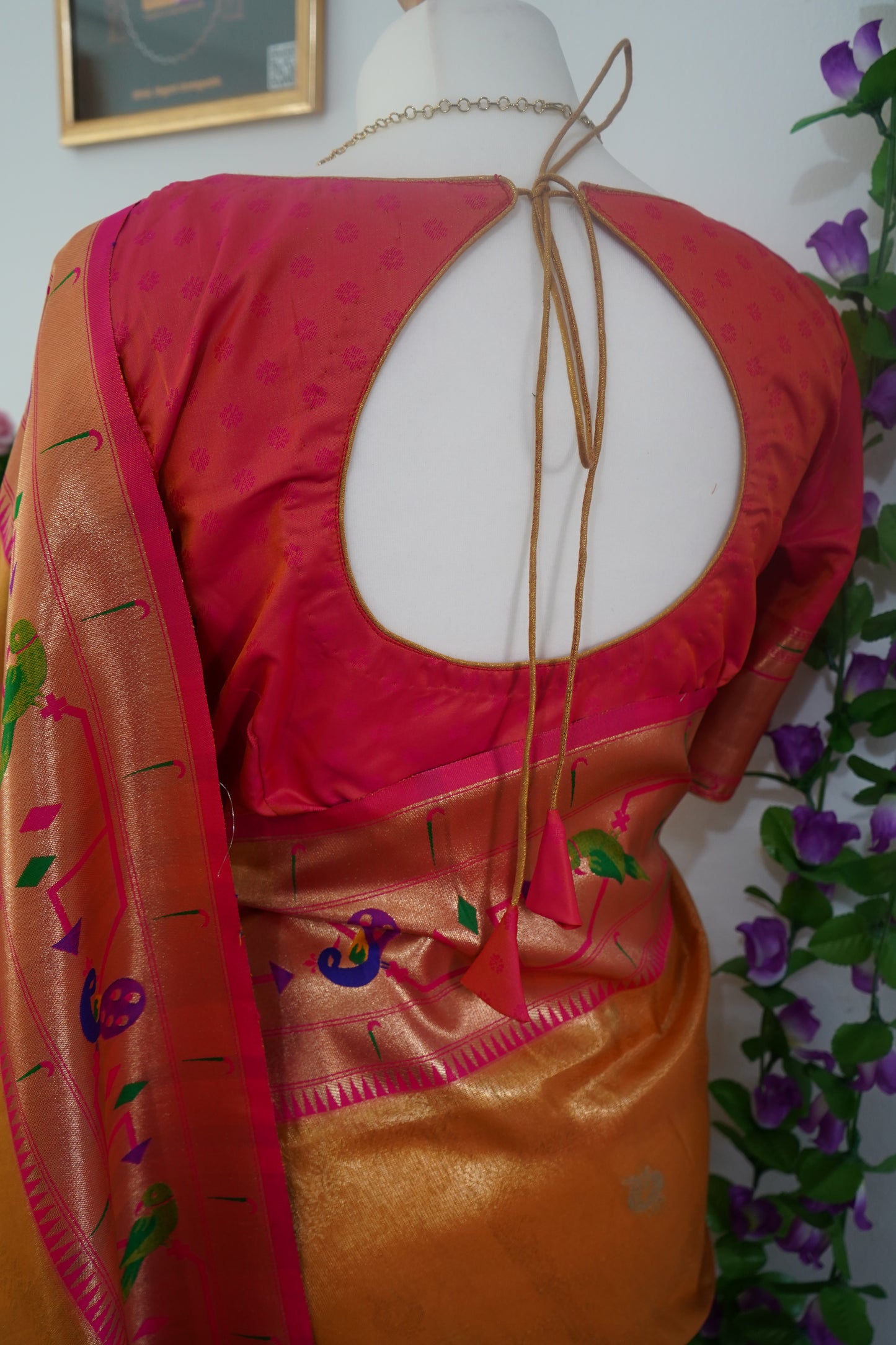 Tissue paithani silk saree with golden weave with stitched rich contrast blouse - Yellow & Pink