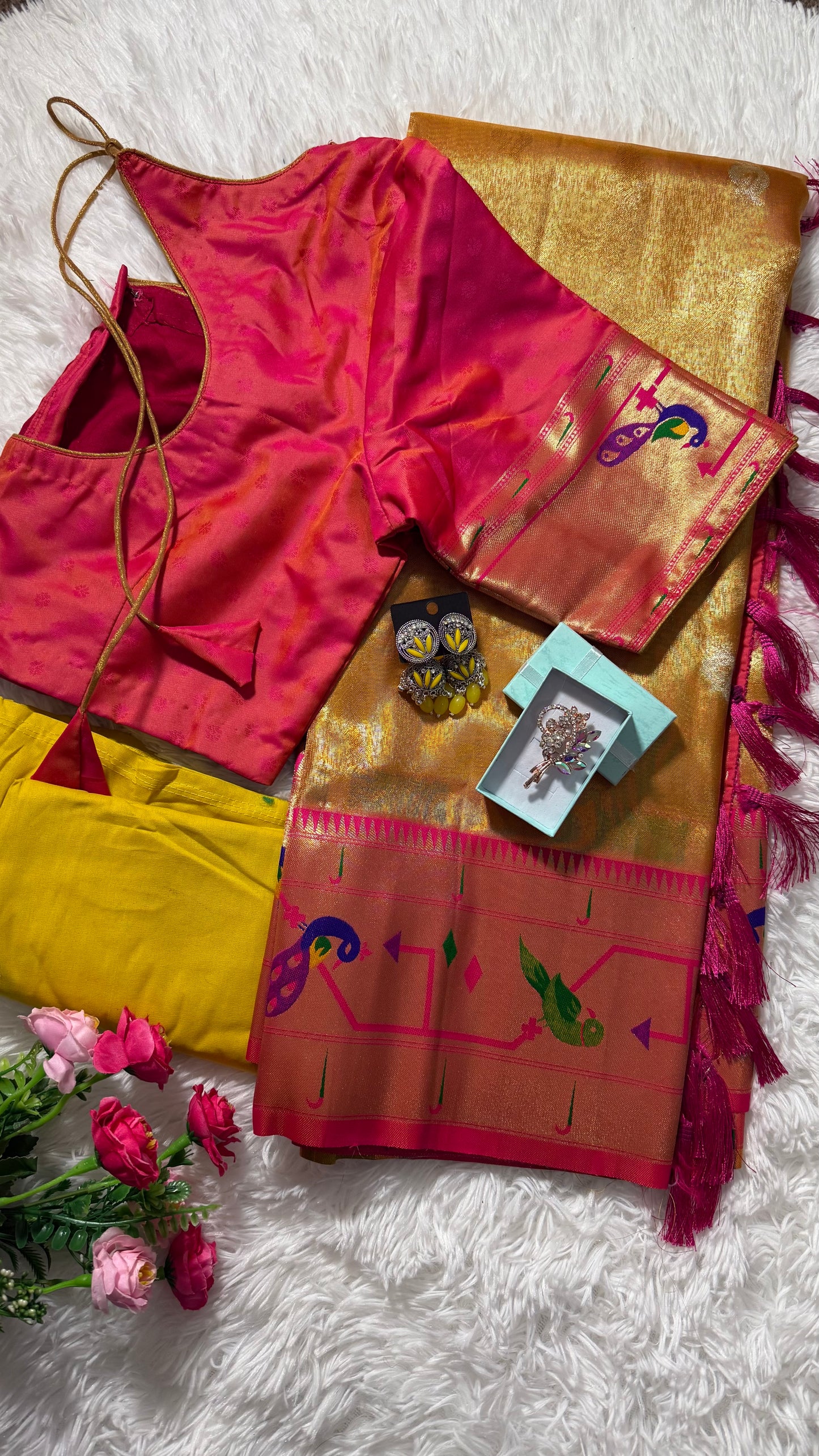Tissue paithani silk saree with golden weave with stitched rich contrast blouse - Yellow & Pink