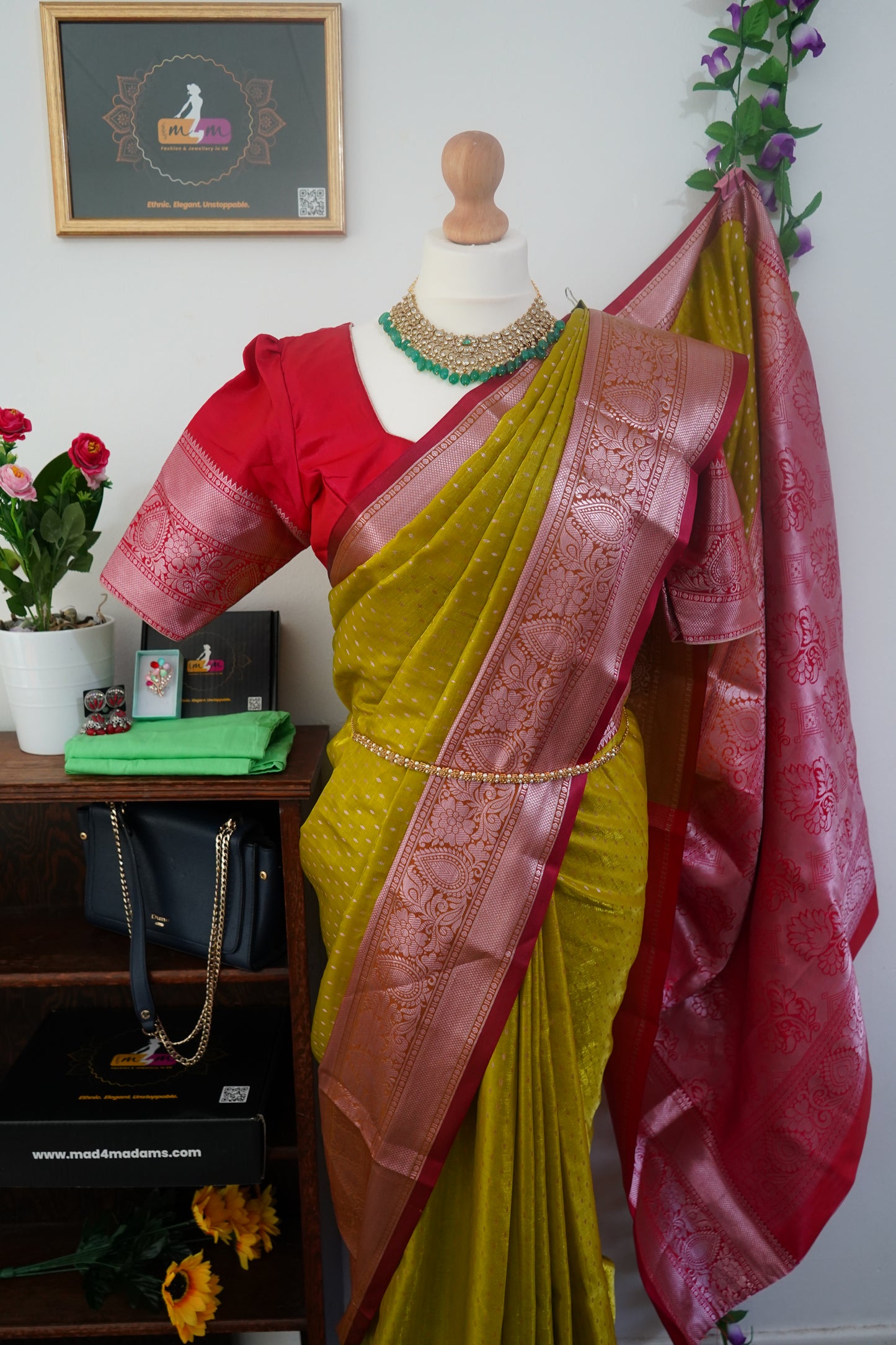 Semi kanchi dharmavaram silk golden butis saree with stitched blouse - Musturd Yellow, red border and rich zari motifs