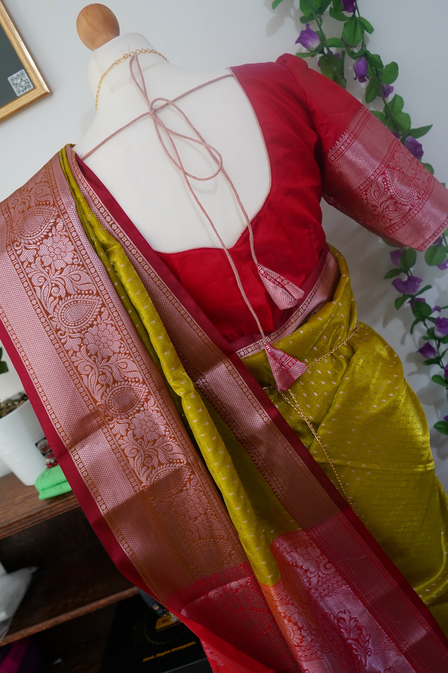 Semi kanchi dharmavaram silk golden butis saree with stitched blouse - Musturd Yellow, red border and rich zari motifs