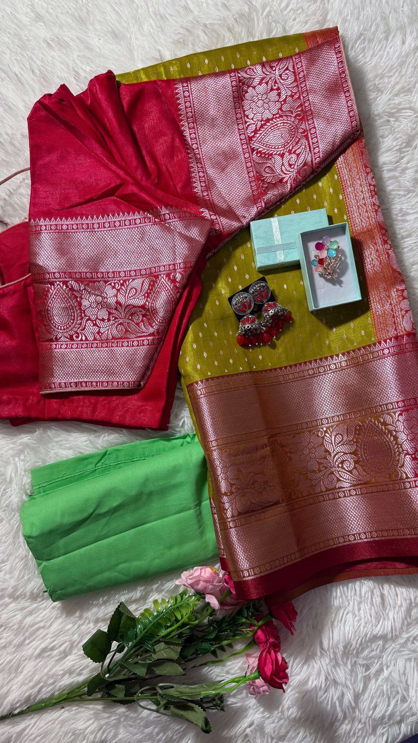 Semi kanchi dharmavaram silk golden butis saree with stitched blouse - Musturd Yellow, red border and rich zari motifs