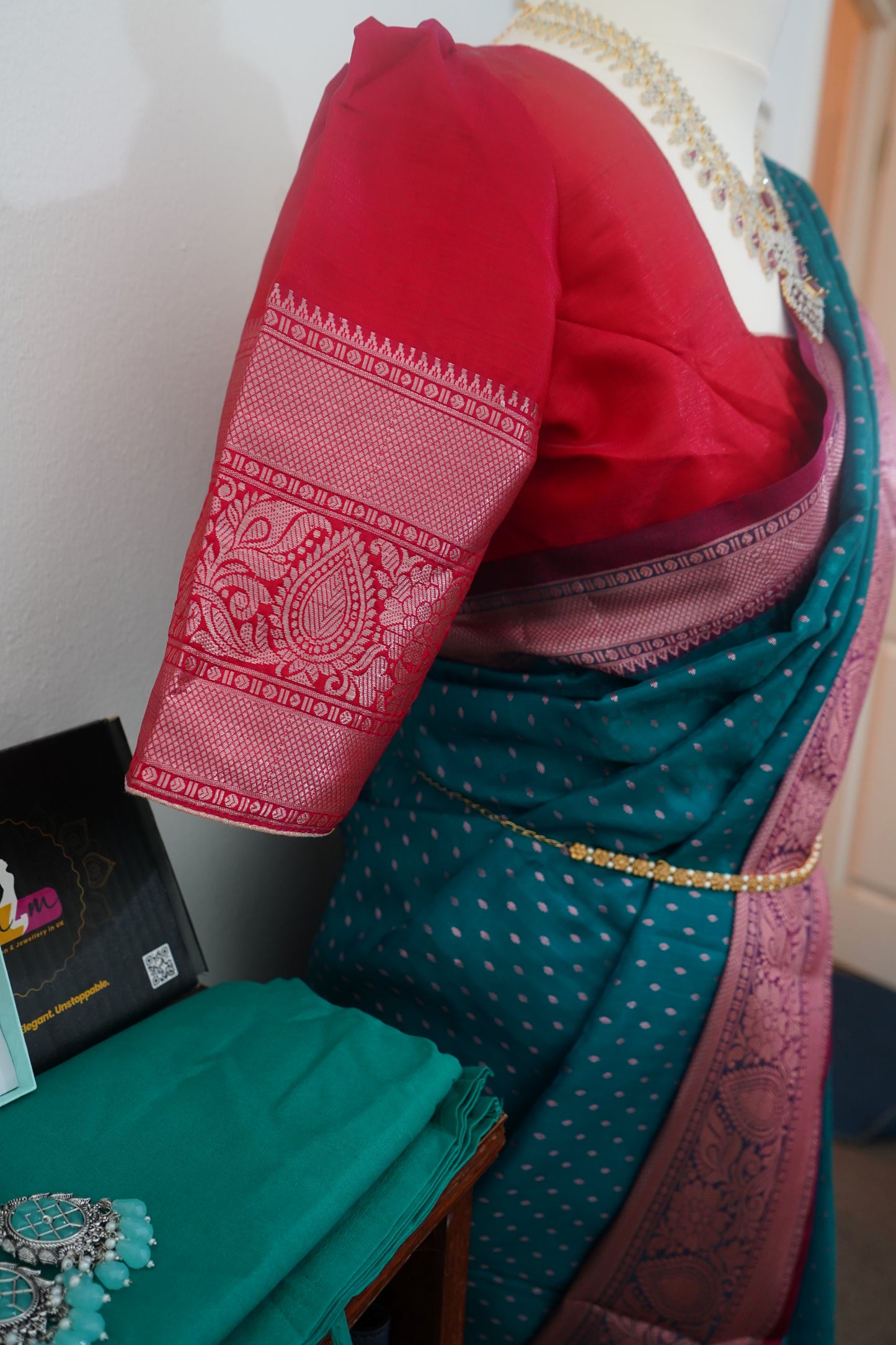 Semi Kanchi Dharmavaram silk golden butis saree with stitched blouse - Blue & rose pink border and pallu in copper zari