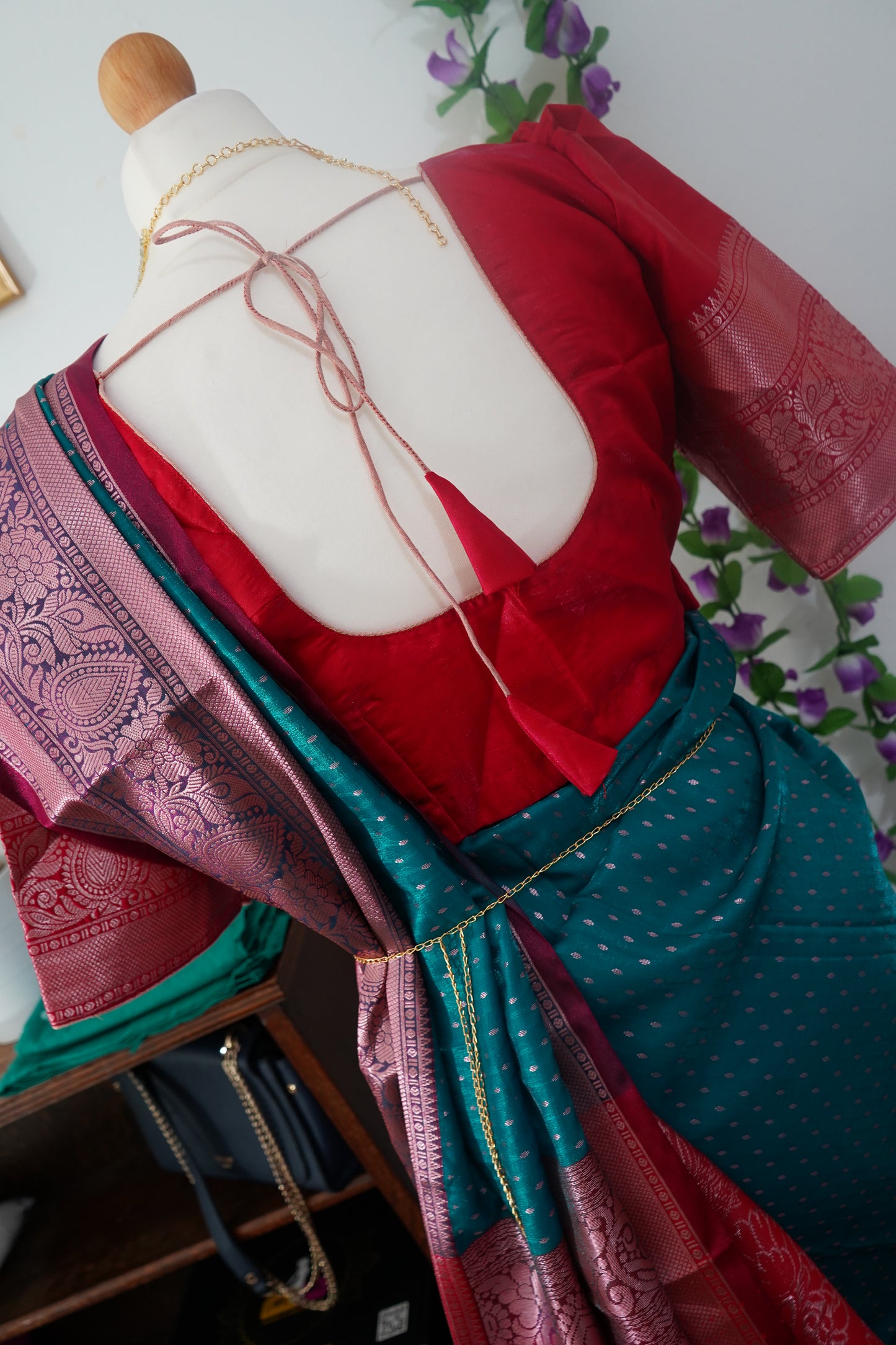 Semi Kanchi Dharmavaram silk golden butis saree with stitched blouse - Blue & rose pink border and pallu in copper zari