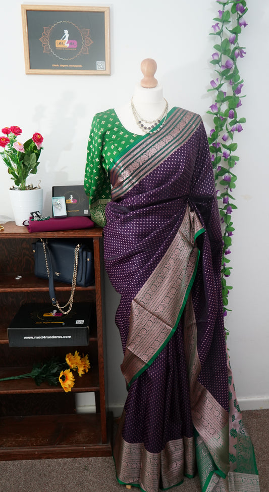 Semi Kanchi Dharmavaram silk saree with Stitched Blouse - Dark Purple & Green border