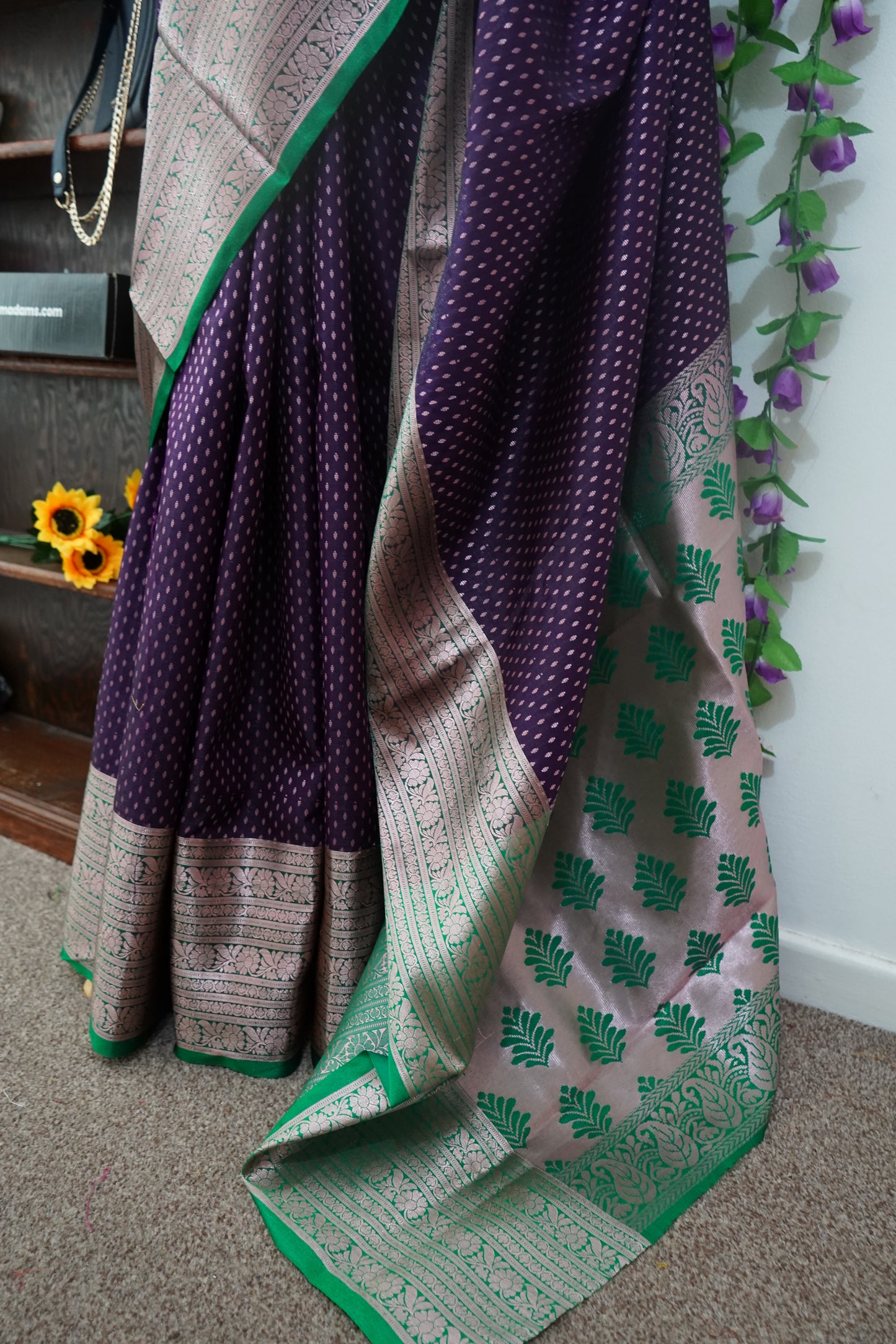 Semi Kanchi Dharmavaram silk saree with Stitched Blouse - Dark Purple & Green border
