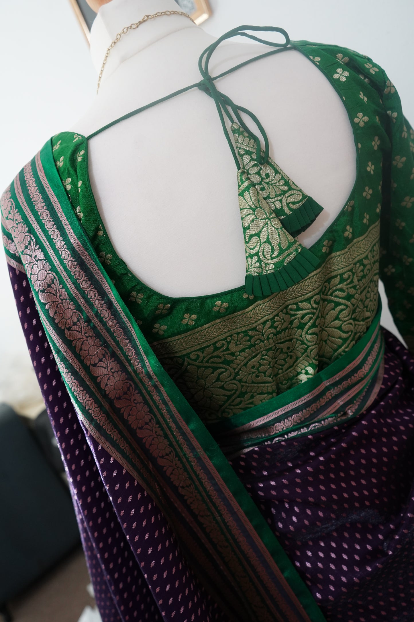 Semi Kanchi Dharmavaram silk saree with Stitched Blouse - Dark Purple & Green border