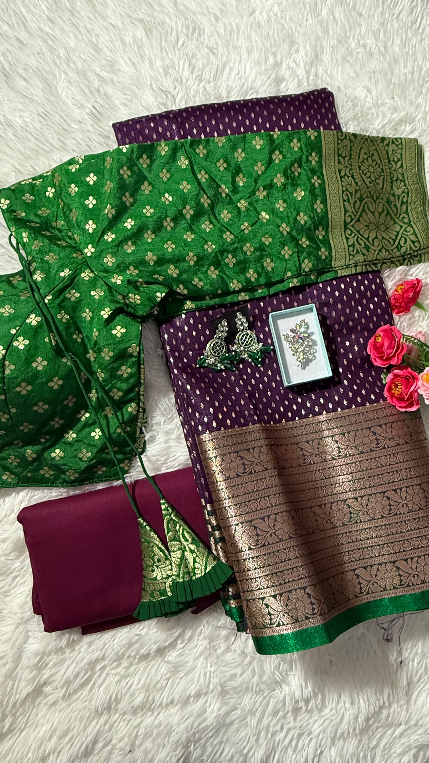 Semi Kanchi Dharmavaram silk saree with Stitched Blouse - Dark Purple & Green border