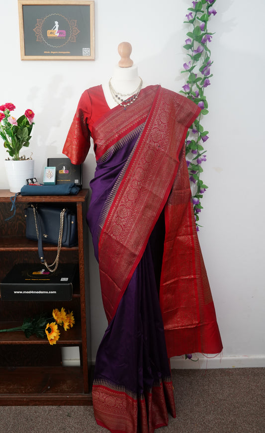 Semi Kanchi dharmavaram silk saree with stitched blouse - Dark purple & red border