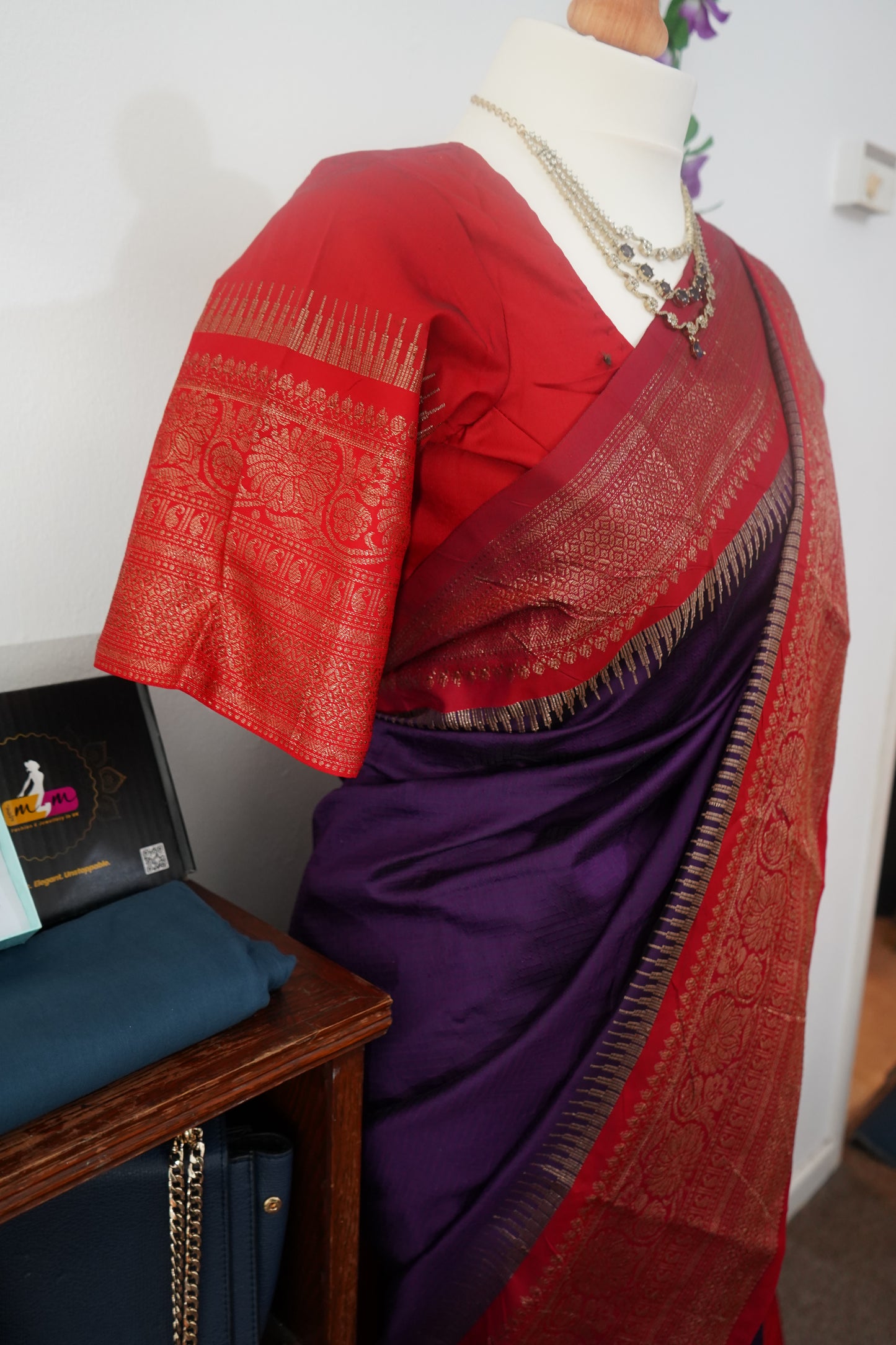 Semi Kanchi dharmavaram silk saree with stitched blouse - Dark purple & red border