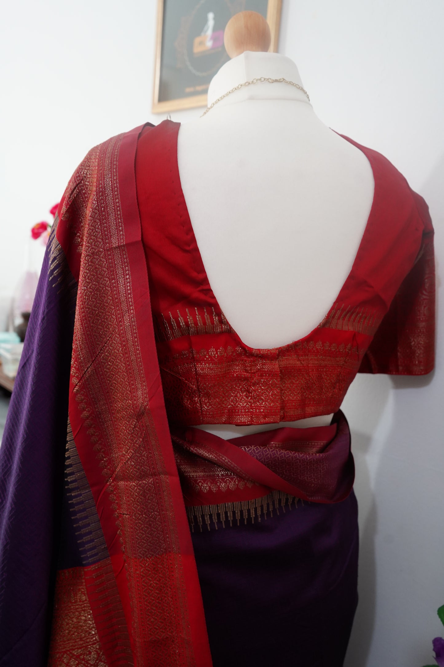 Semi Kanchi dharmavaram silk saree with stitched blouse - Dark purple & red border