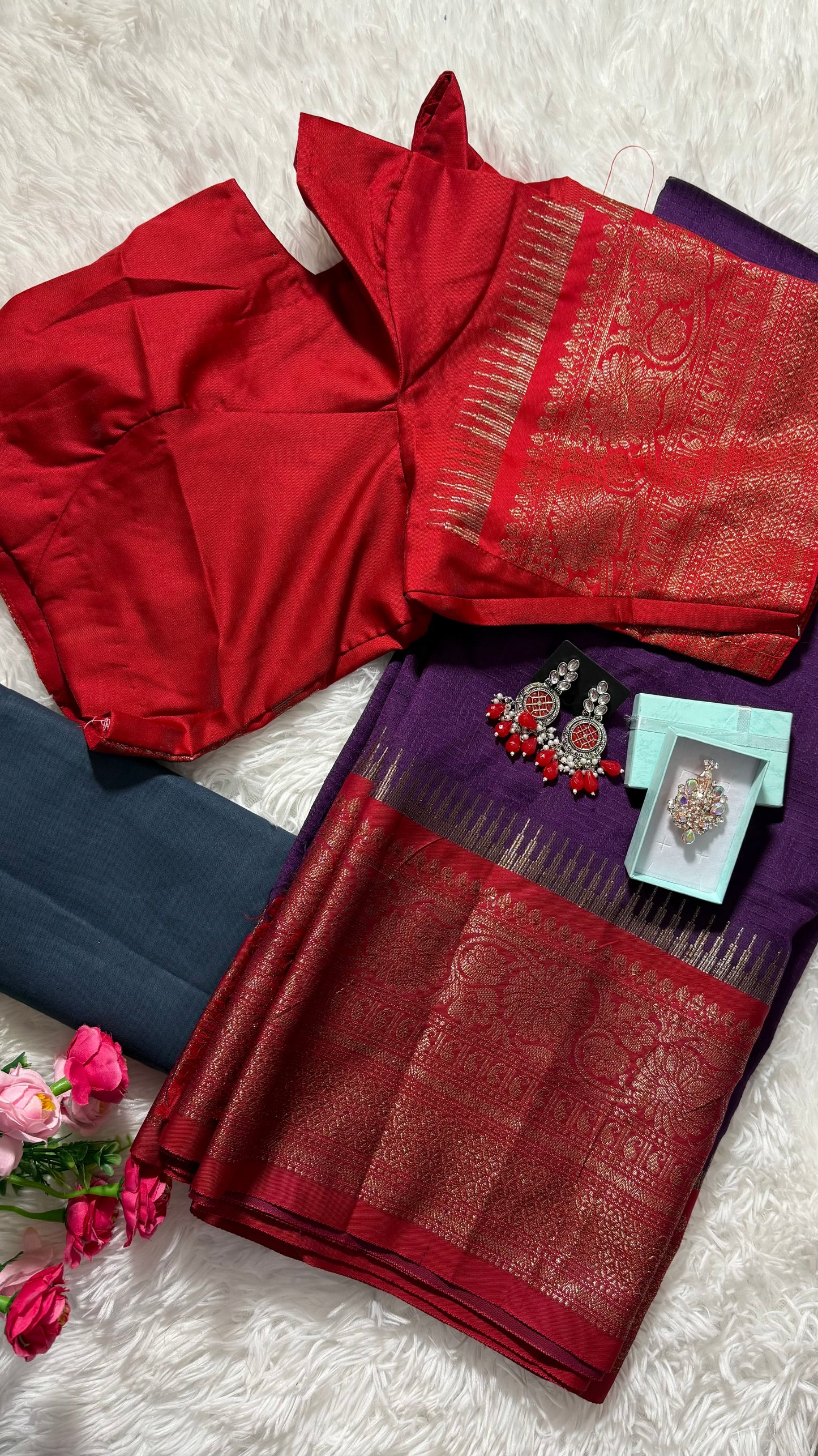 Semi Kanchi dharmavaram silk saree with stitched blouse - Dark purple & red border