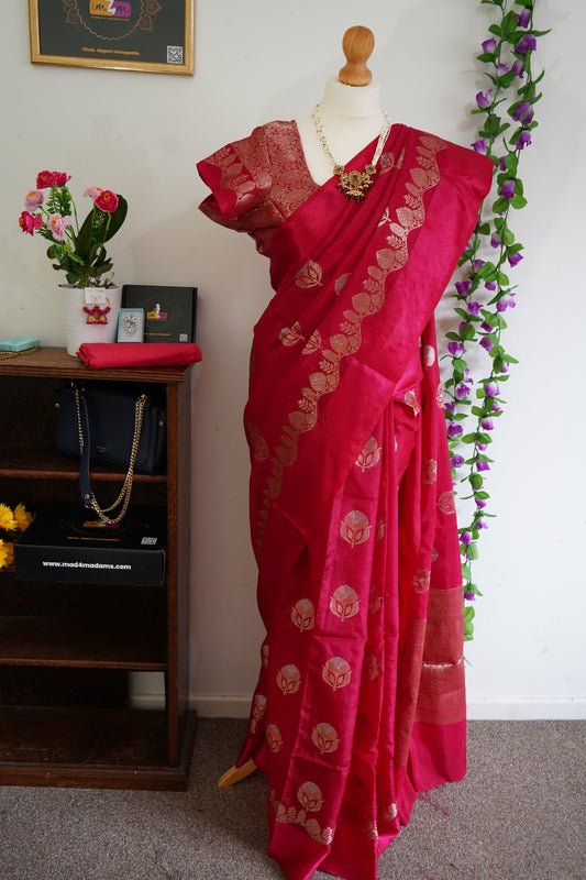 Mango Georgette gold zari motifs saree with stitched blouse - Rani Pink