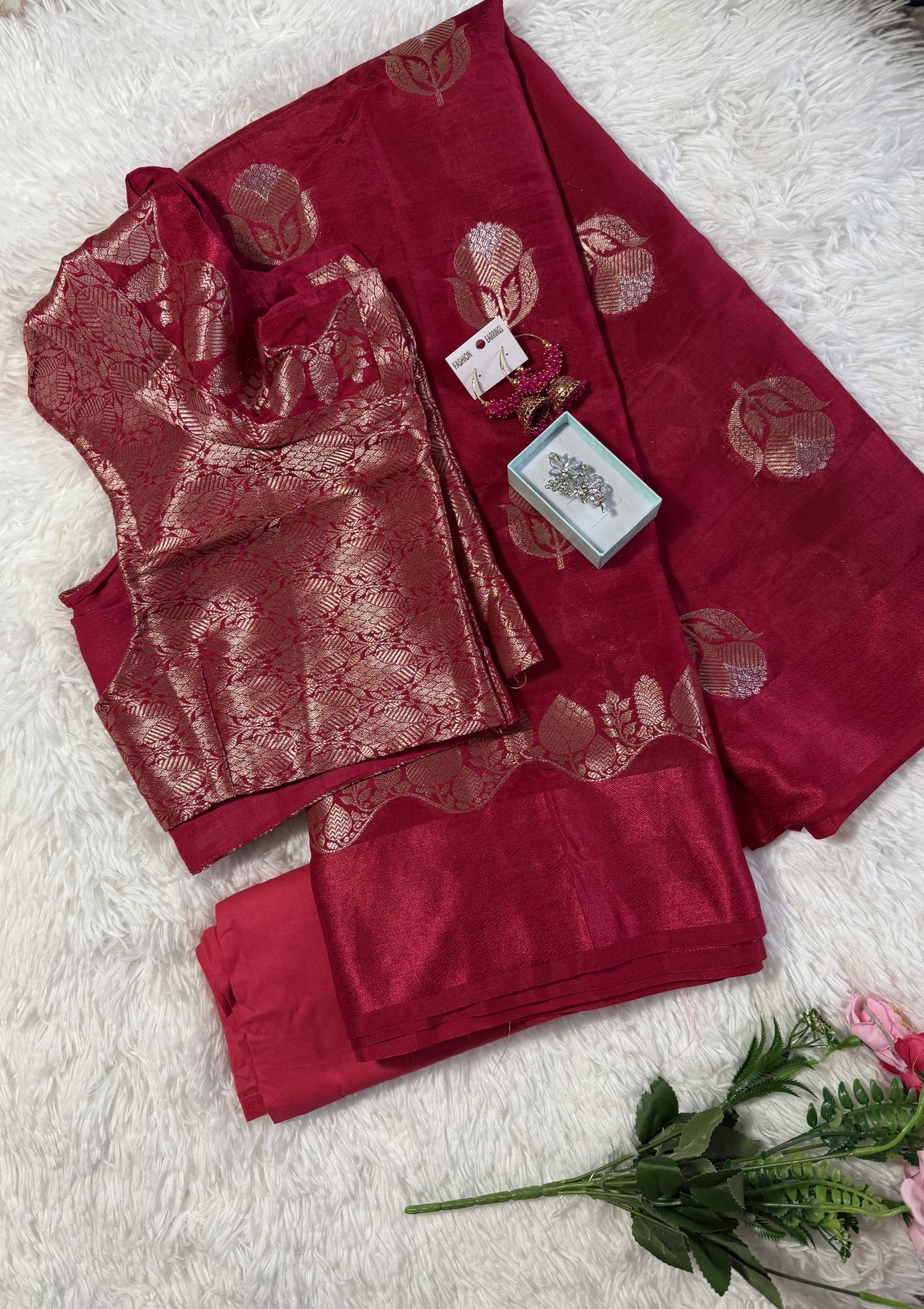 Mango Georgette gold zari motifs saree with stitched blouse - Rani Pink