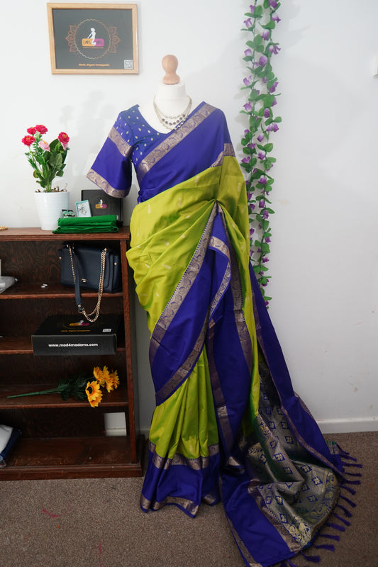 Semi kanchi gadwal gold zari buttas saree with stitched blouse - Green & royal blue border