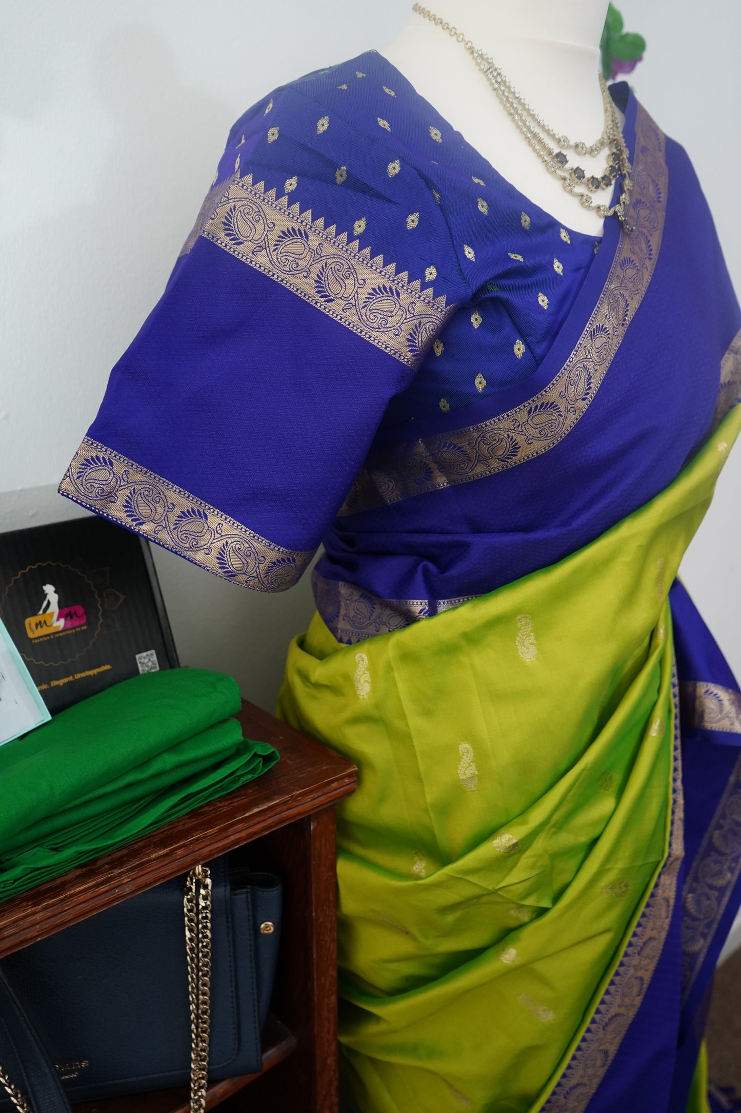 Semi kanchi gadwal gold zari buttas saree with stitched blouse - Green & royal blue border