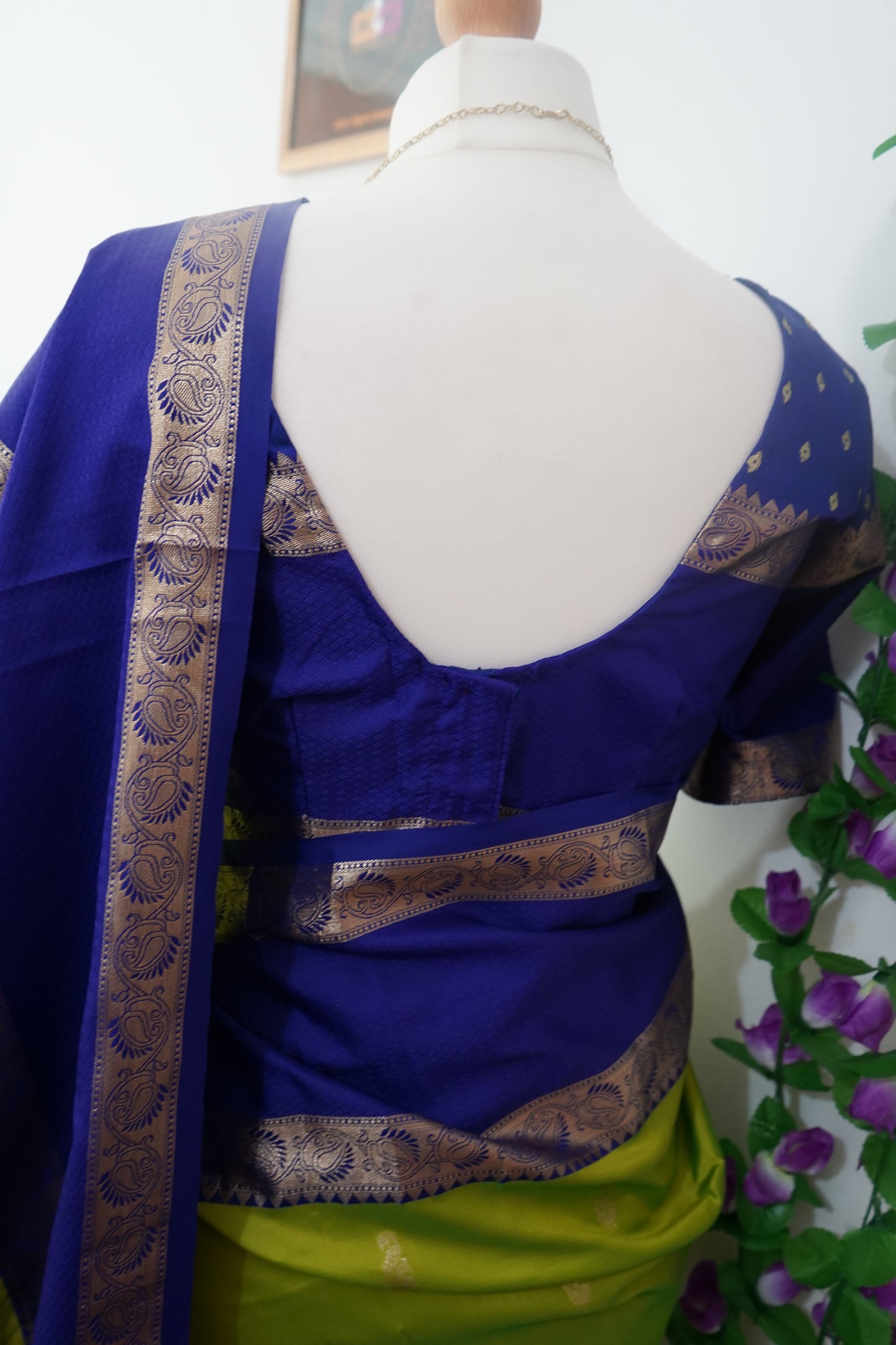 Semi kanchi gadwal gold zari buttas saree with stitched blouse - Green & royal blue border