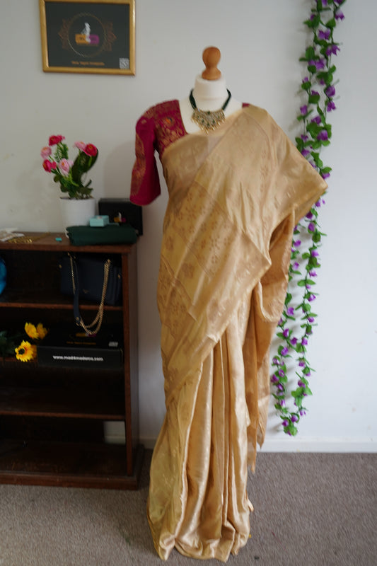 Banarasi silk saree mango motifs with stitched blouse - Beige & Maroon