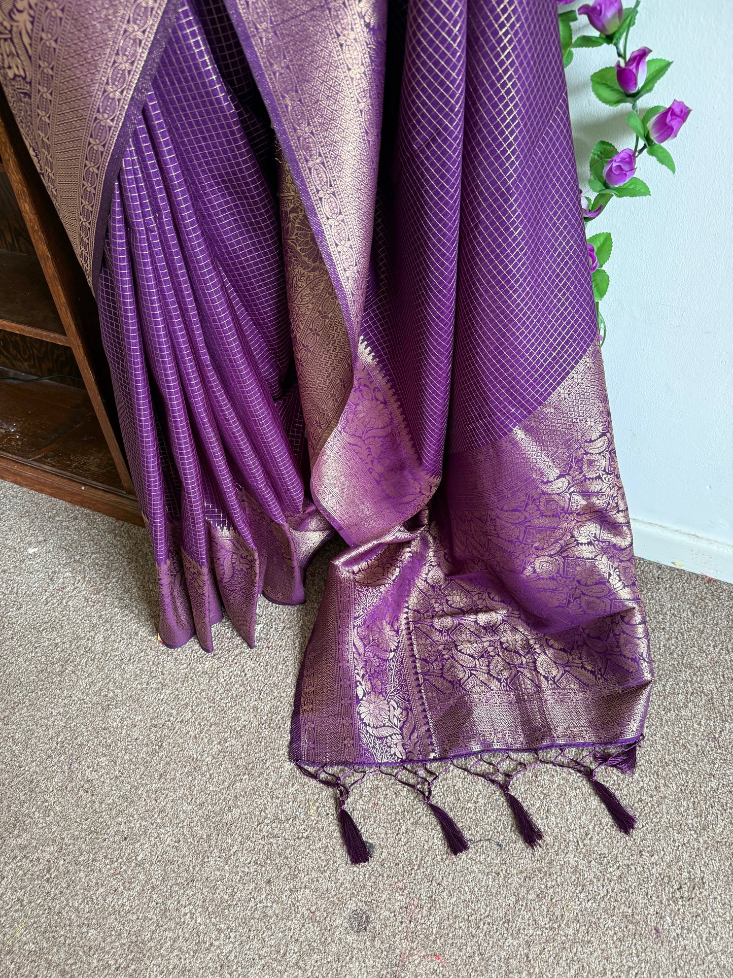 Silk Blend Moti Check Zari Border with stitched blouse - Dark Purple