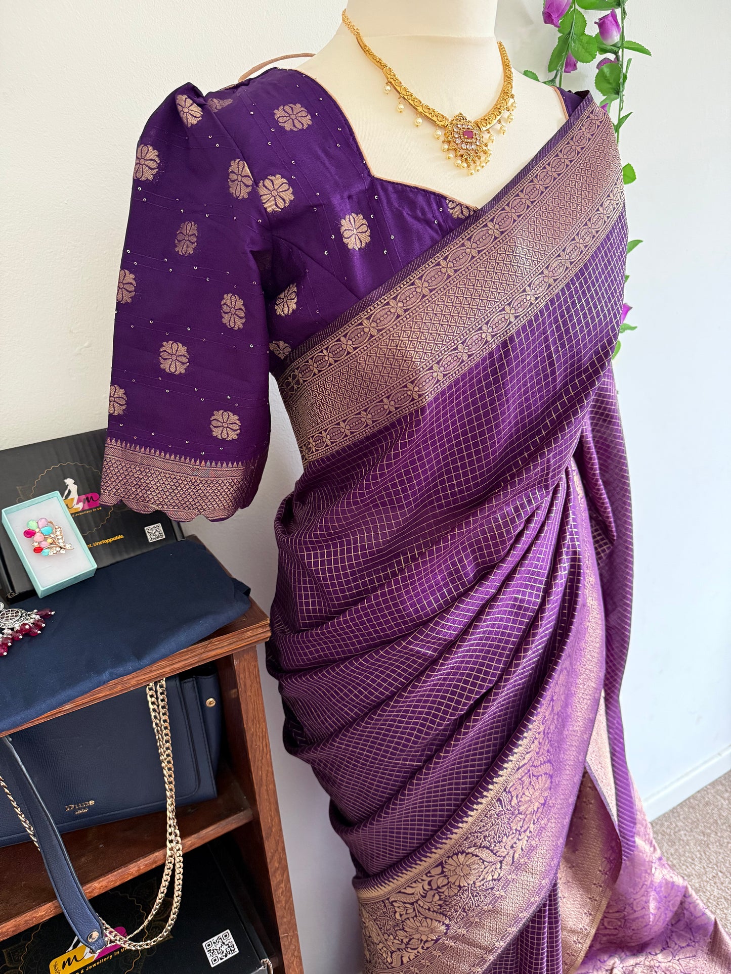 Silk Blend Moti Check Zari Border with stitched blouse - Dark Purple